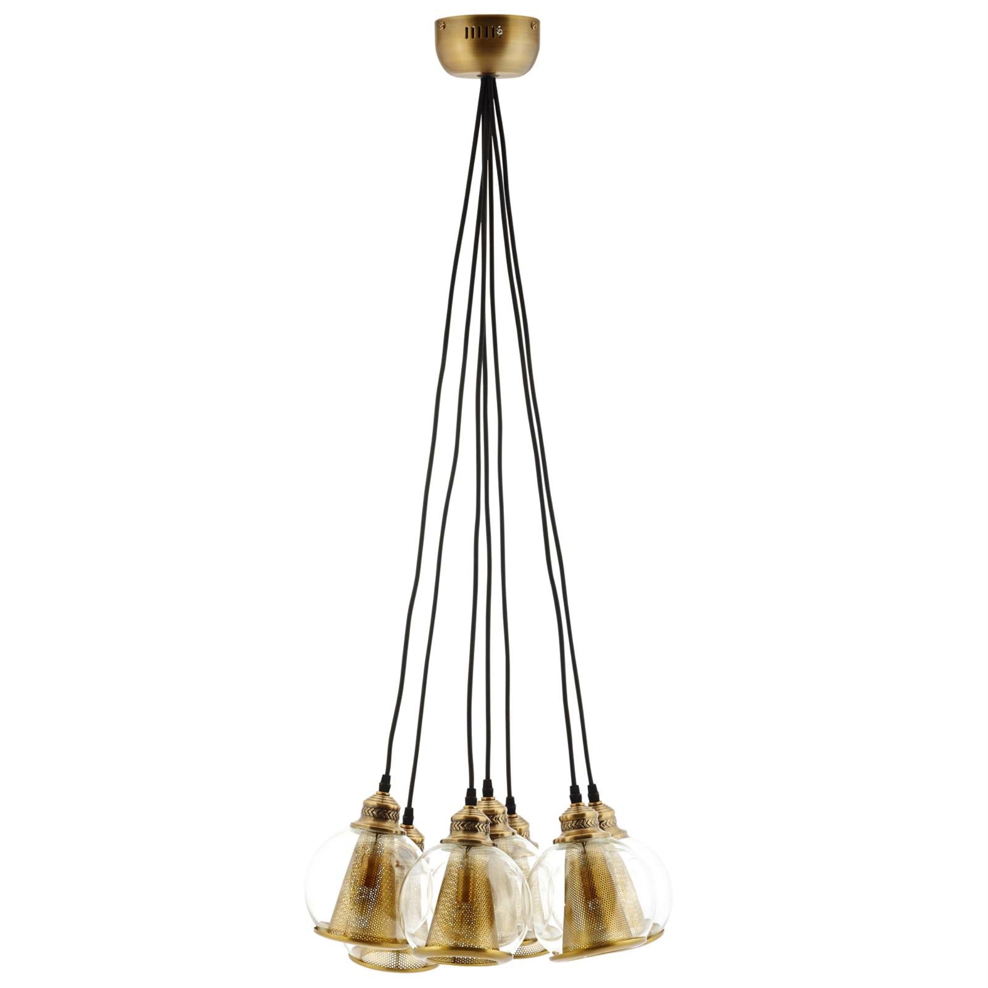 Stunning Peak Brass Cone and Glass Globe Cluster Pendant Chandelier  Contemporary Vintage Style  7 ConeShaped Shades  Steel