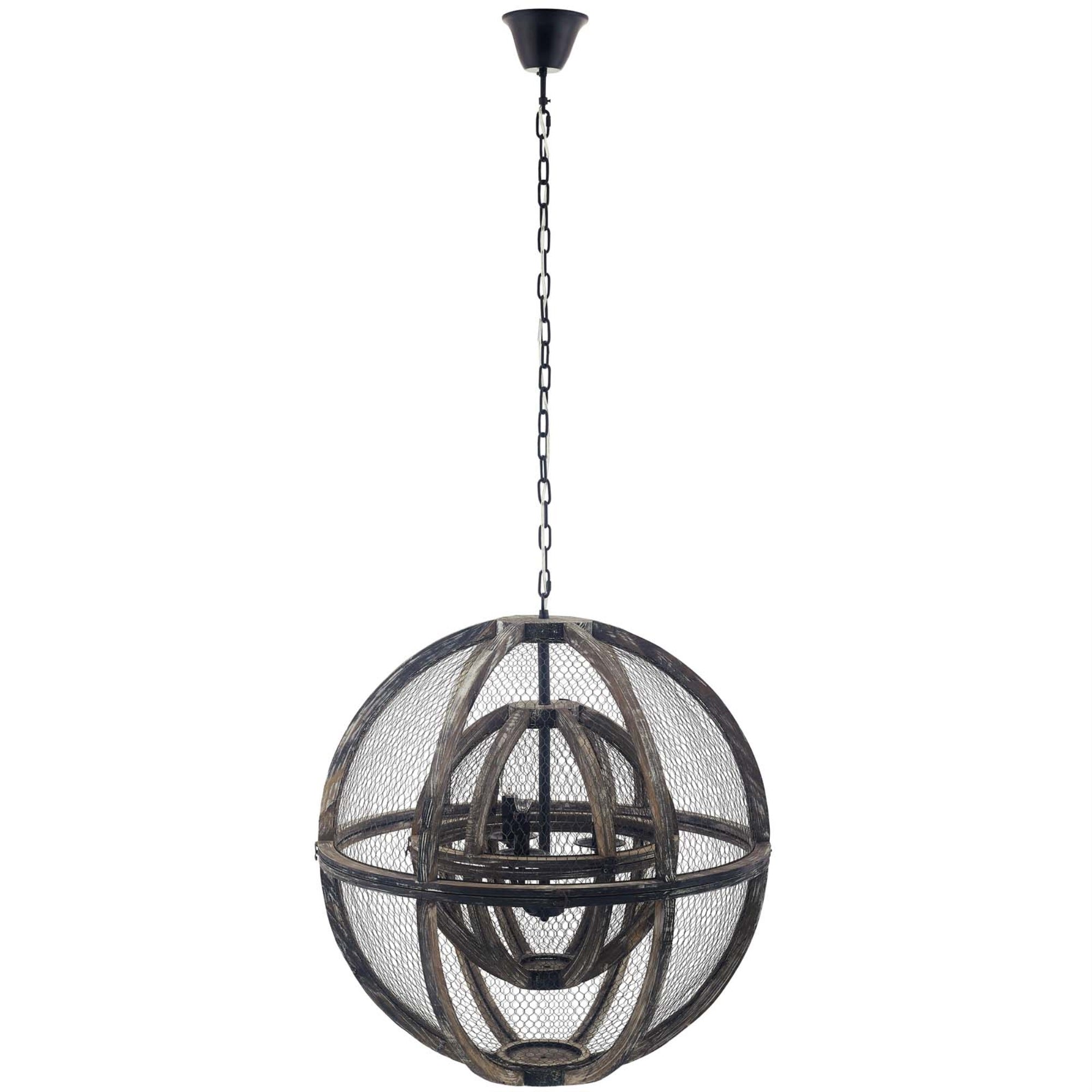 Gravitate Rustic Oak Wood Globe Pendant Light Chandelier  Vintage Modern Design with Curved Wood Strips, Black Metal Fixture, a