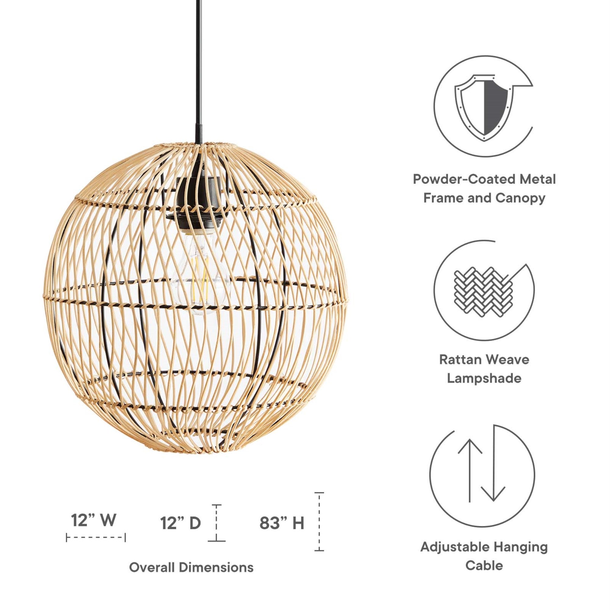 Modway Nurture 1-Light Modern Rattan/Iron Pendant Light In Natural