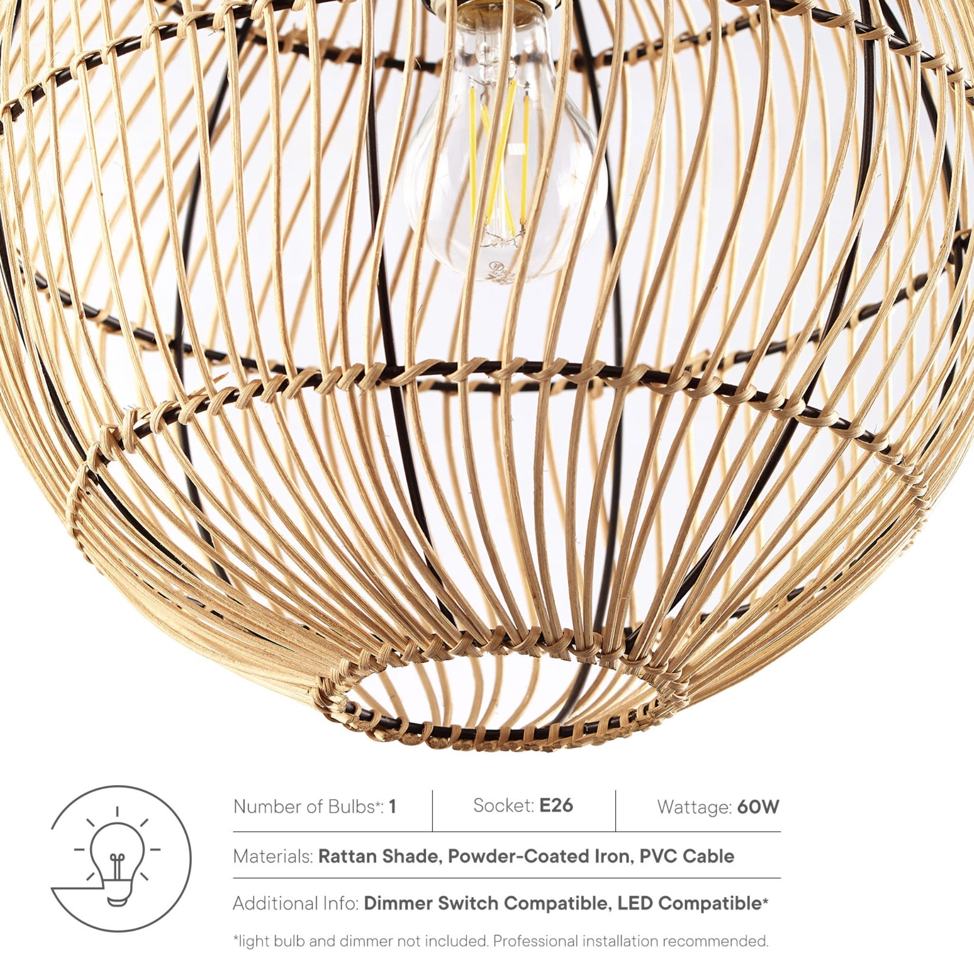 Modway Nurture 1-Light Modern Rattan/Iron Pendant Light In Natural
