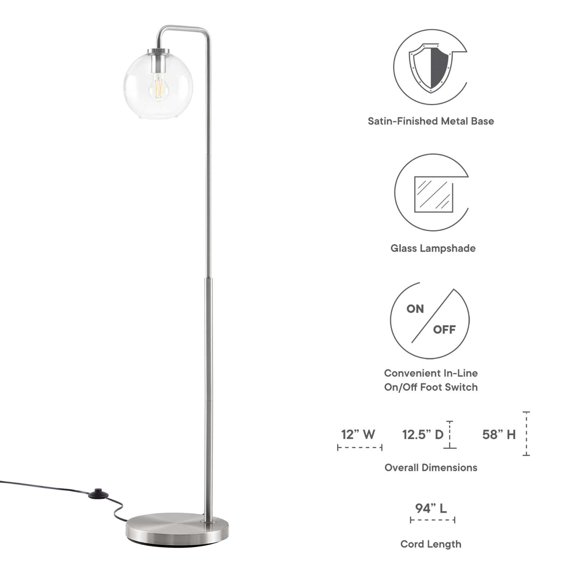 Modway Silo Floor Lamp 1-Light Modern Glass/Metal Satin Nickel EEI-5616-SNL