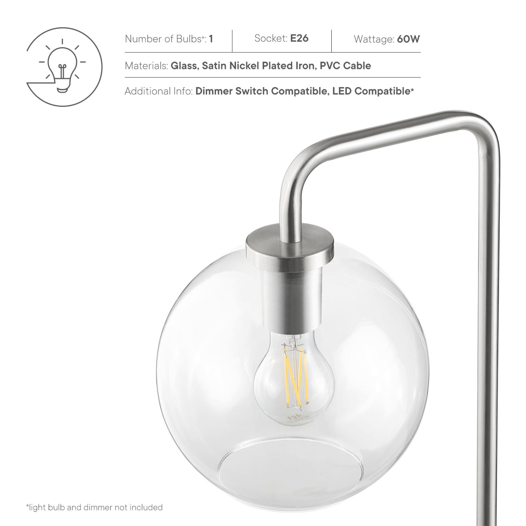 Modway Silo Floor Lamp 1-Light Modern Glass/Metal Satin Nickel EEI-5616-SNL