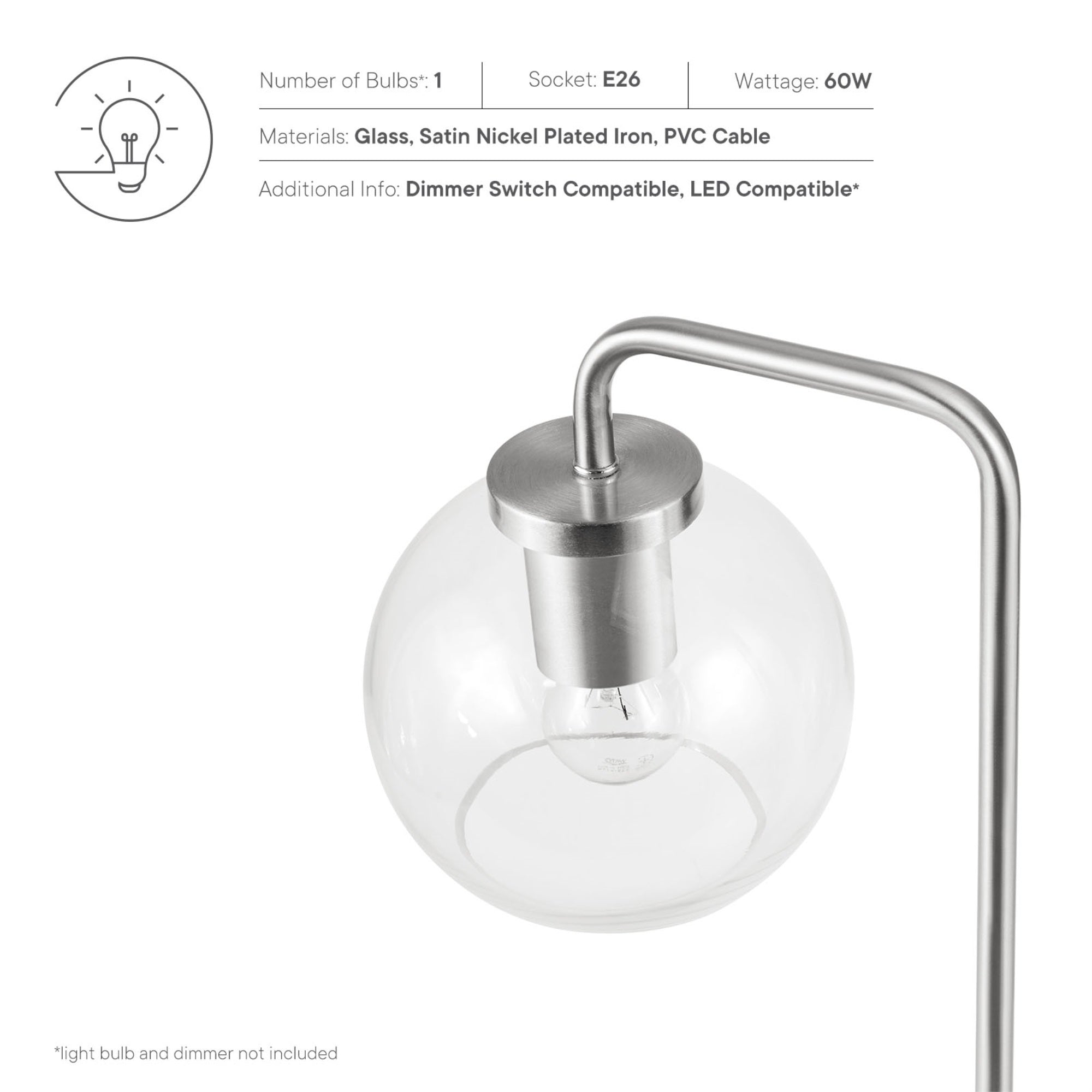 Modway Silo Table Lamp - 1-Light, Glass/Metal, Satin Nickel, Model EEI-5617-SNL