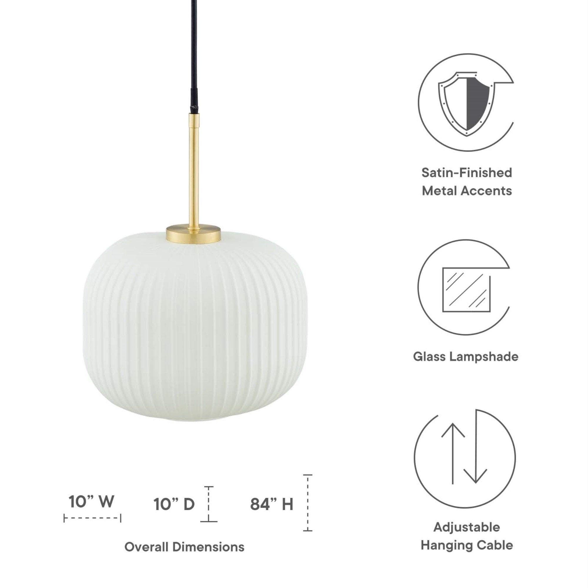 Modway Reprise 1-Light Modern Glass/Metal Pendant In White/Satin Brass