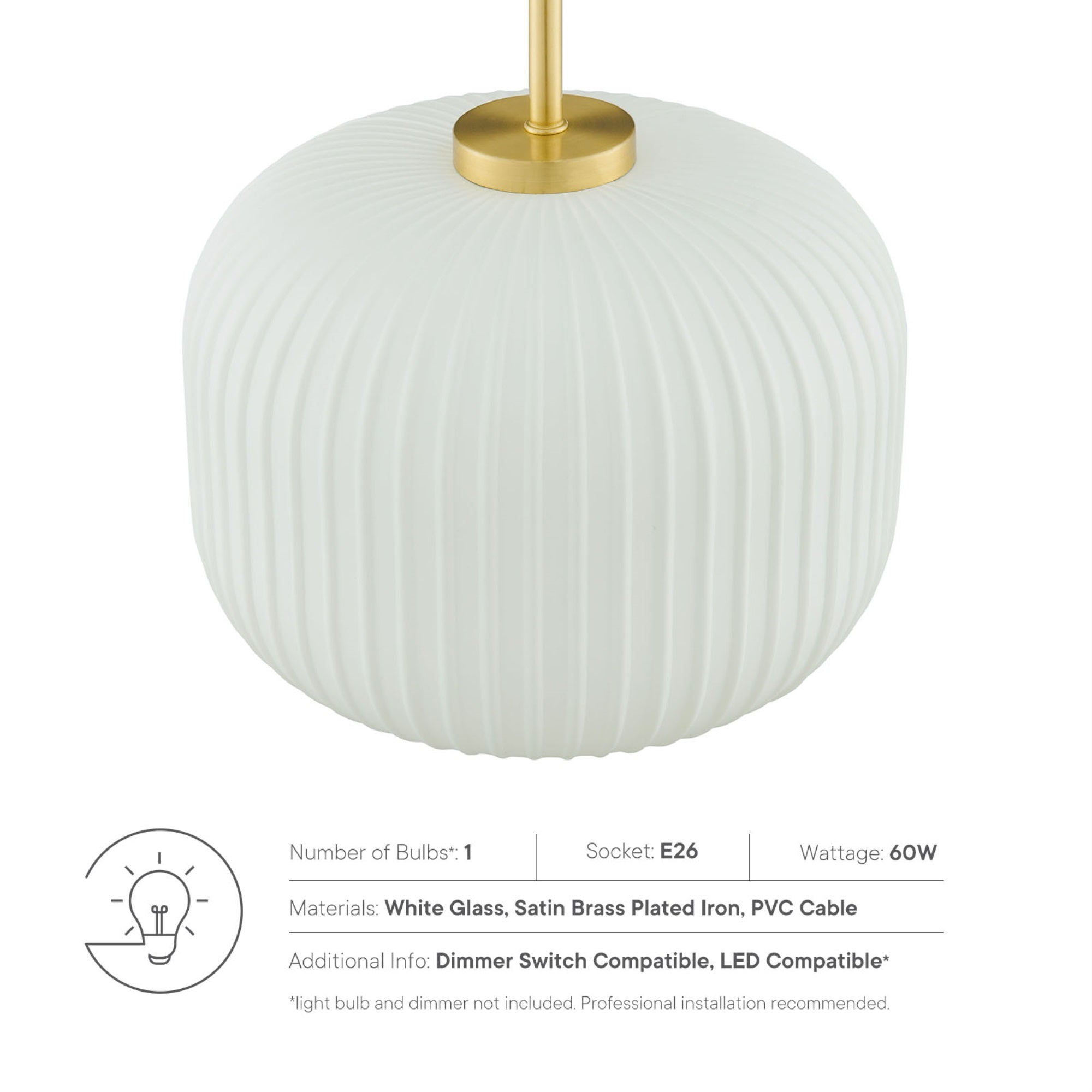 Modway Reprise 1-Light Modern Glass/Metal Pendant In White/Satin Brass