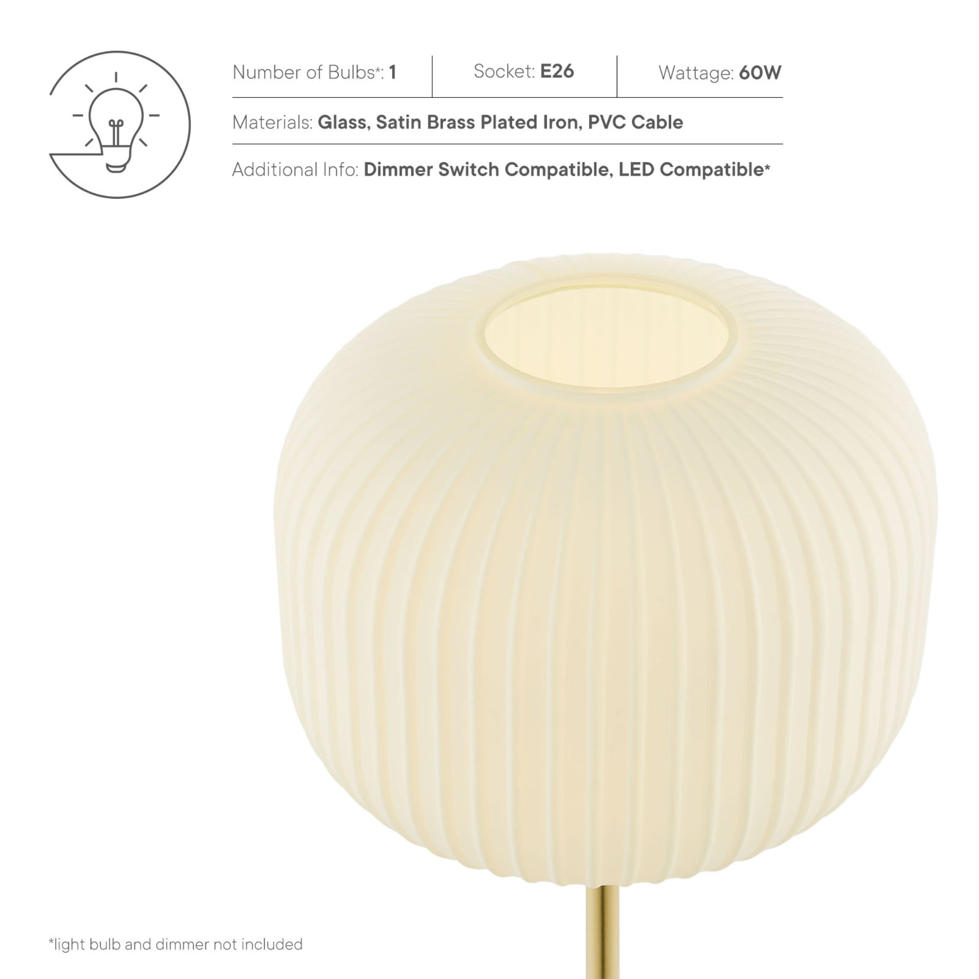Modway 1-Light Modern Glass Table Lamp, 10x10x17.5 inches, White/Satin Brass