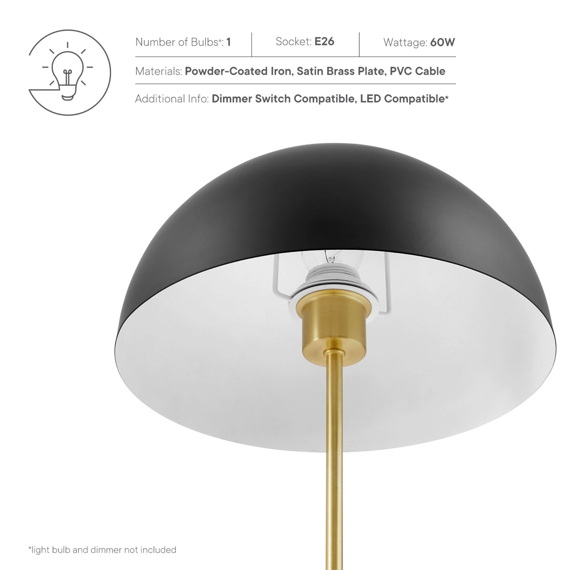 Modway 1-Light Metal Table Lamp, Black/Satin Brass, Model EEI-5629-BLK-SBR
