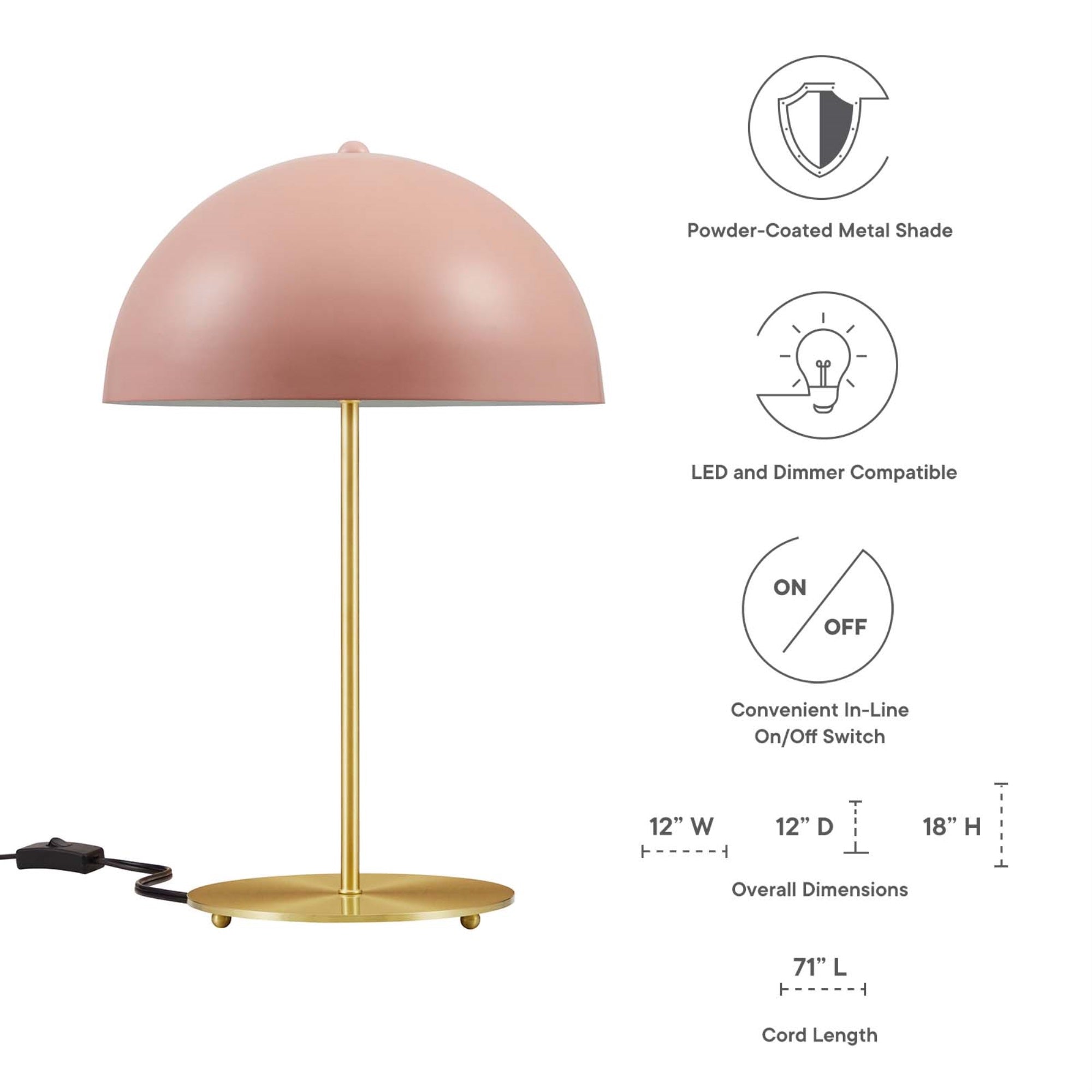 Modway 1-Light Table Lamp, Metal, 12x12x18, Pink/Satin Brass