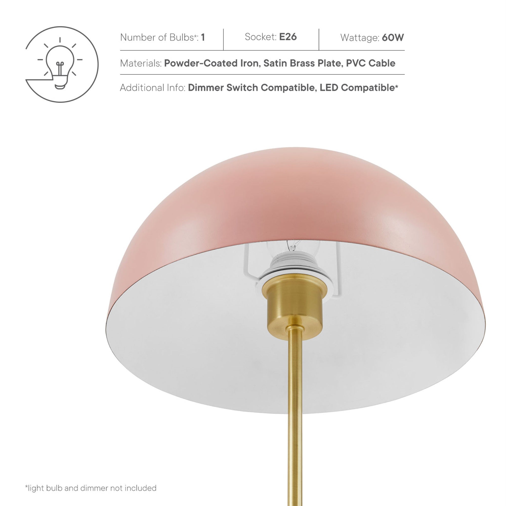 Modway 1-Light Table Lamp, Metal, 12x12x18, Pink/Satin Brass