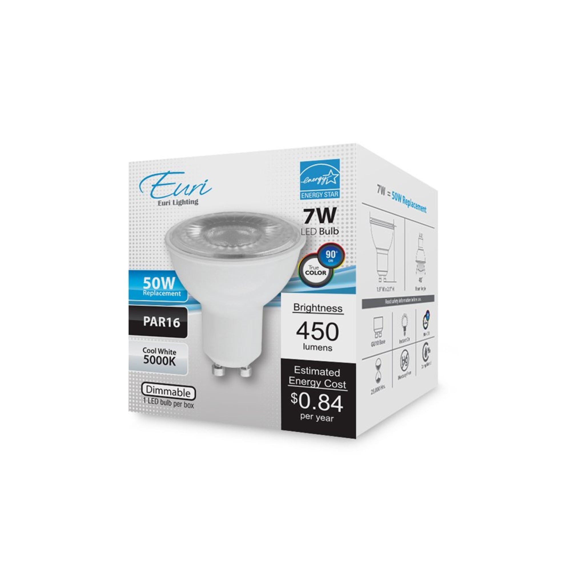 Euri Lighting PAR16 Light Bulb, GU10 Base, 450 lm, CRI 90+, 5000K, Cool White, Model EP16-4050ew, One Size