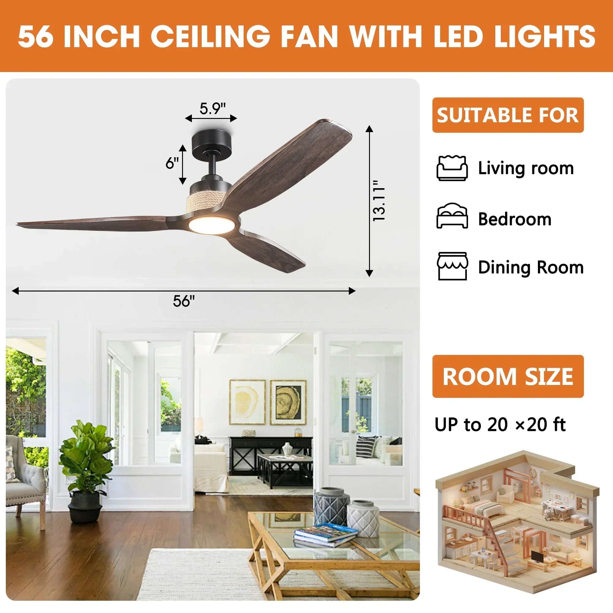 56 Inch Louise Downrod Mount LED Wood Blades Ceiling Fan with Remote Control