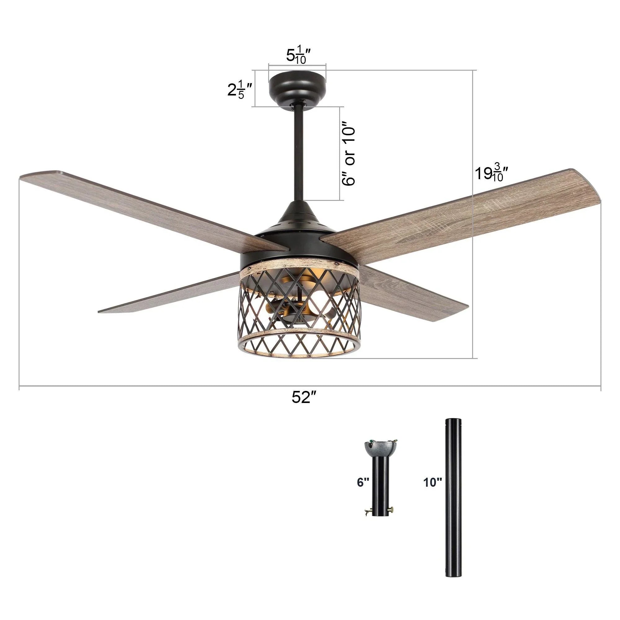 52" Mirelle Indoor Black Downrod Mounting Ceiling Fan with Light Kit and Remote