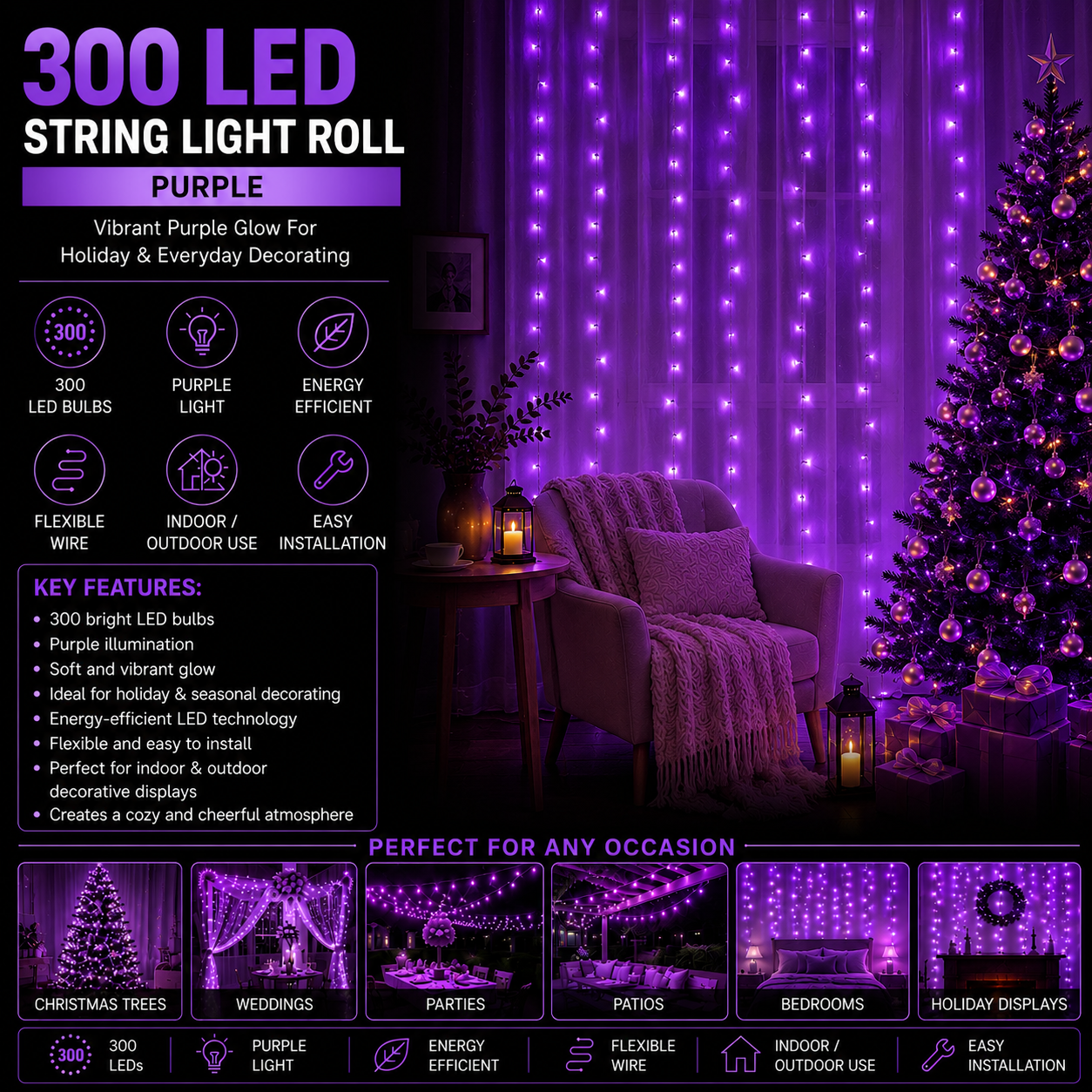 300 LED String Light Super Bright Roll - Purple