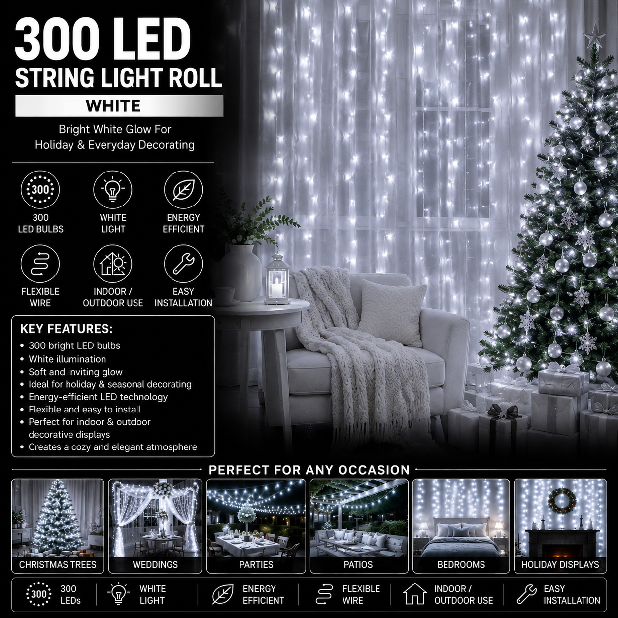 300 LED String Light Super Bright Roll - White