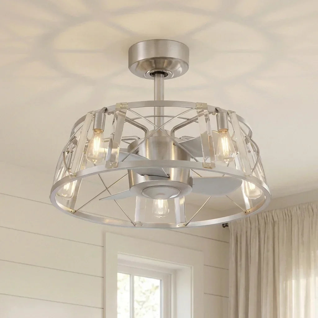 23" Modern Satin Nickel DC Motor Downrod Mount Reversible Fandelier Ceiling Fan with Lighting and Remote Control