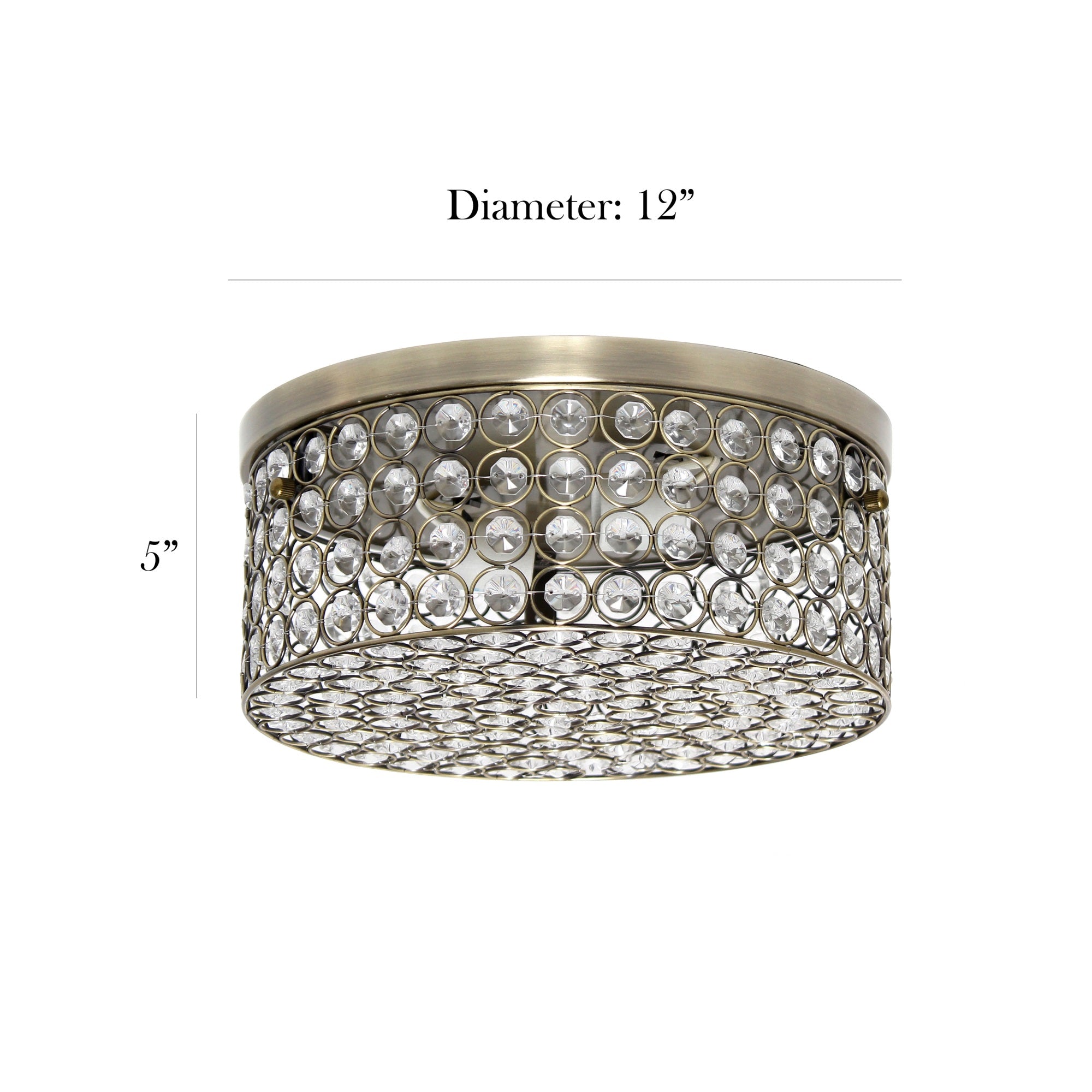 Elegant Designs FM1003-ABS Ceiling Flush Mount, 12in Round, 2 Light, Crystal, Antique Brass