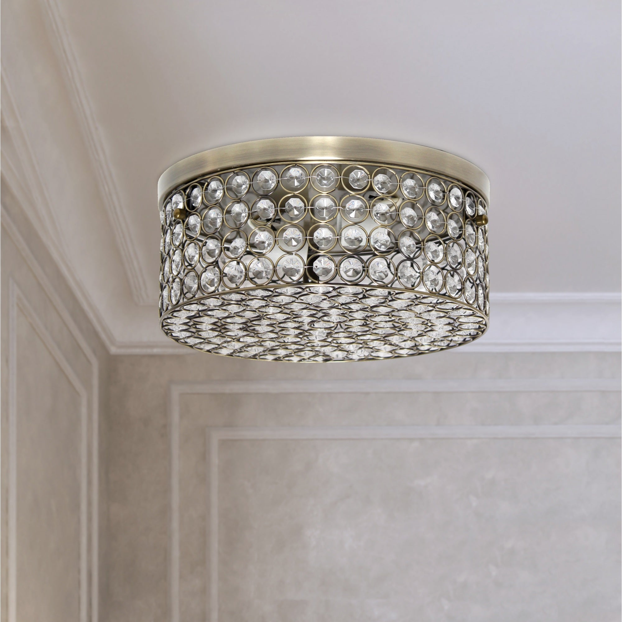 Elegant Designs FM1003-ABS Ceiling Flush Mount, 12in Round, 2 Light, Crystal, Antique Brass