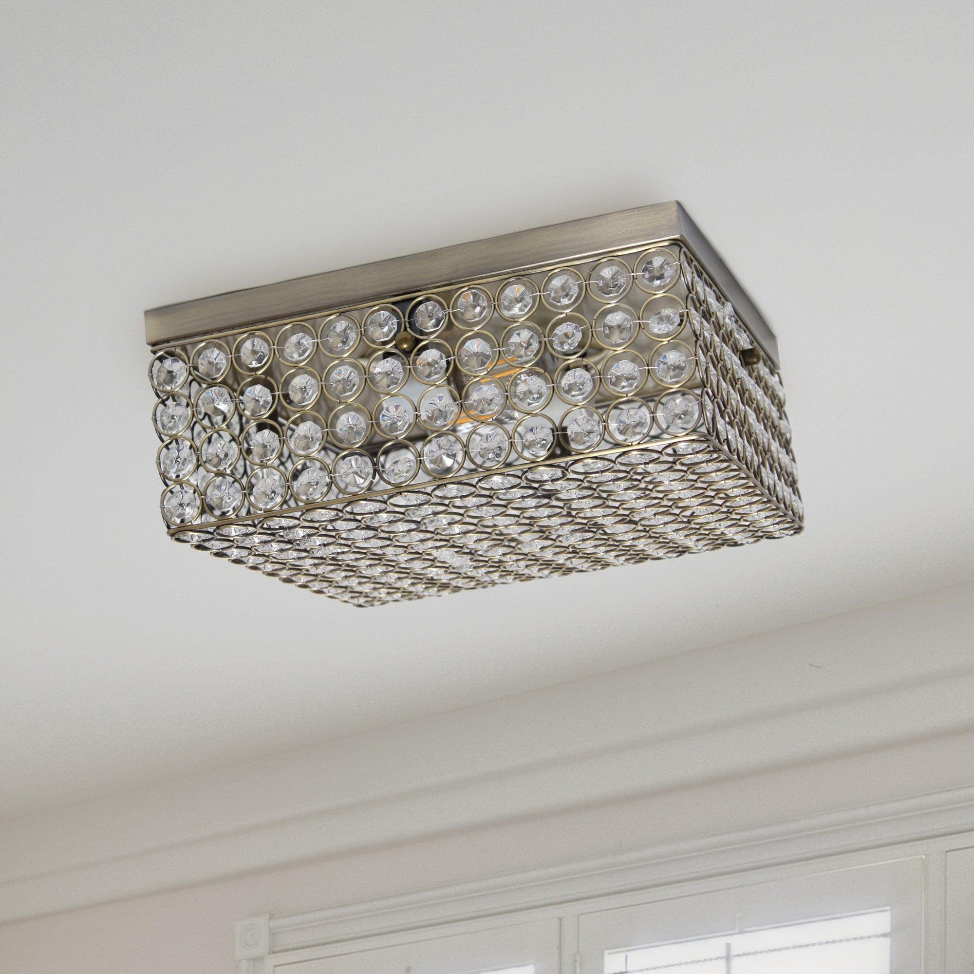 Elegant Designs FM1004-ABS 2-Light Ceiling Flush Mount Fixture, Crystal, 12inx12inx5in, Antique Brass