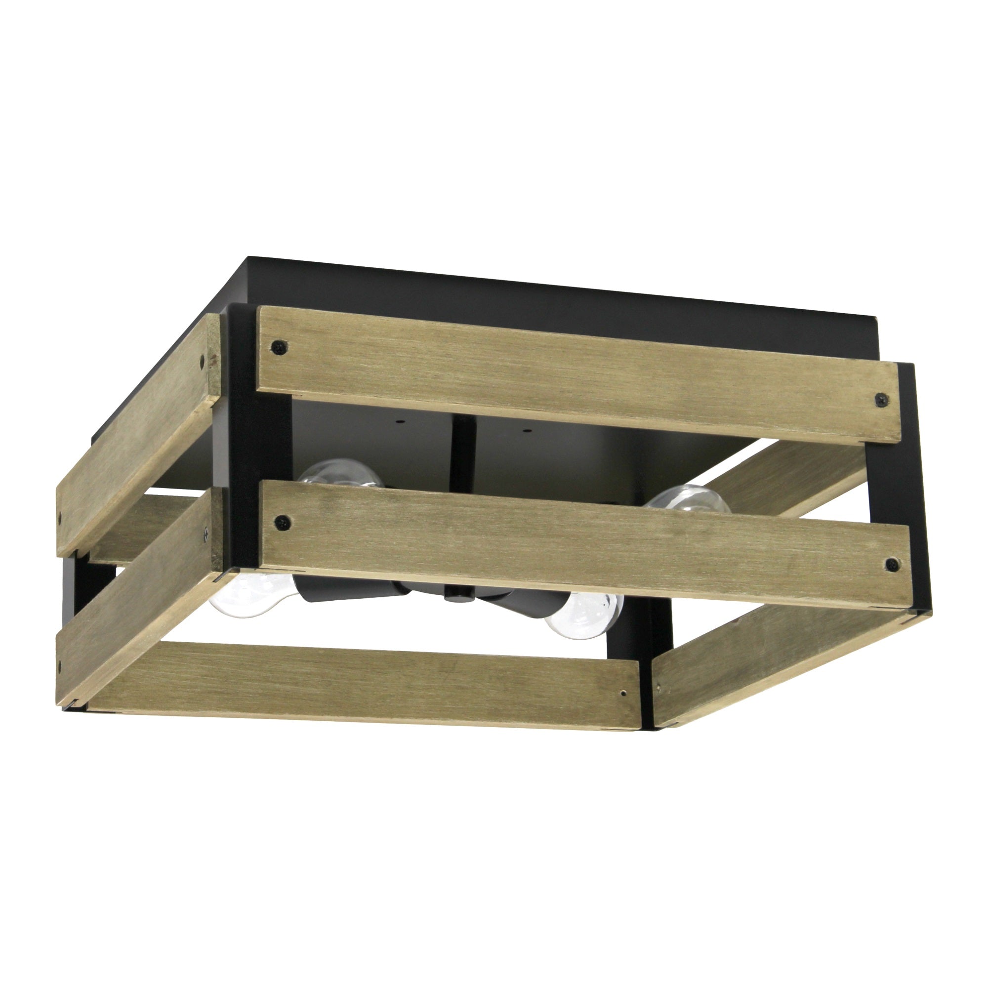 Elegant Designs 14'' Rustic Industrial 4 Light Squared Metal and Wood Crate Ceiling Flush Mount Fixture for Dcor  Hallway  Bedroom  Kitchen  Entryway  Dining Room  Foyer  Natural Wood