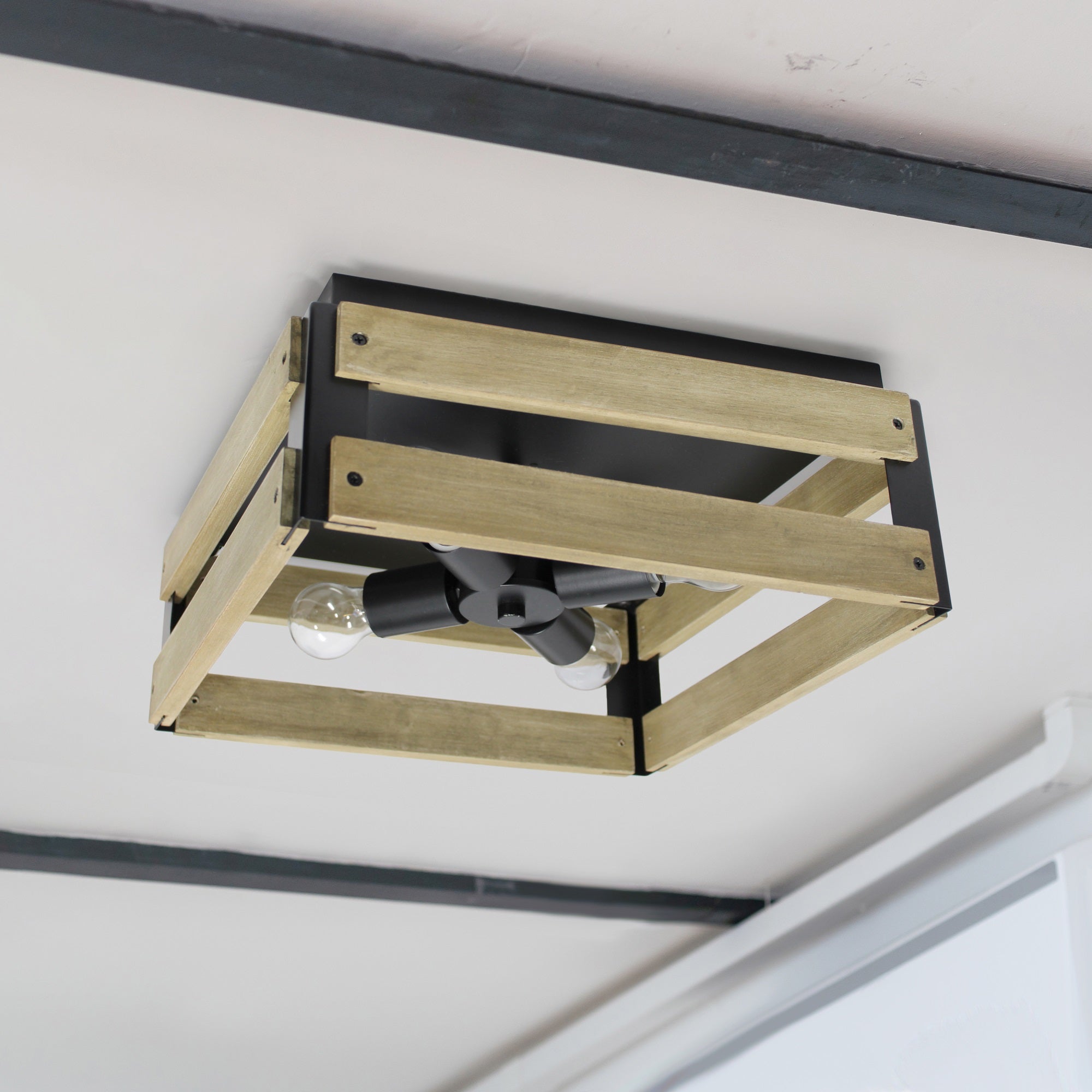 Elegant Designs 14'' Rustic Industrial 4 Light Squared Metal and Wood Crate Ceiling Flush Mount Fixture for Dcor  Hallway  Bedroom  Kitchen  Entryway  Dining Room  Foyer  Natural Wood