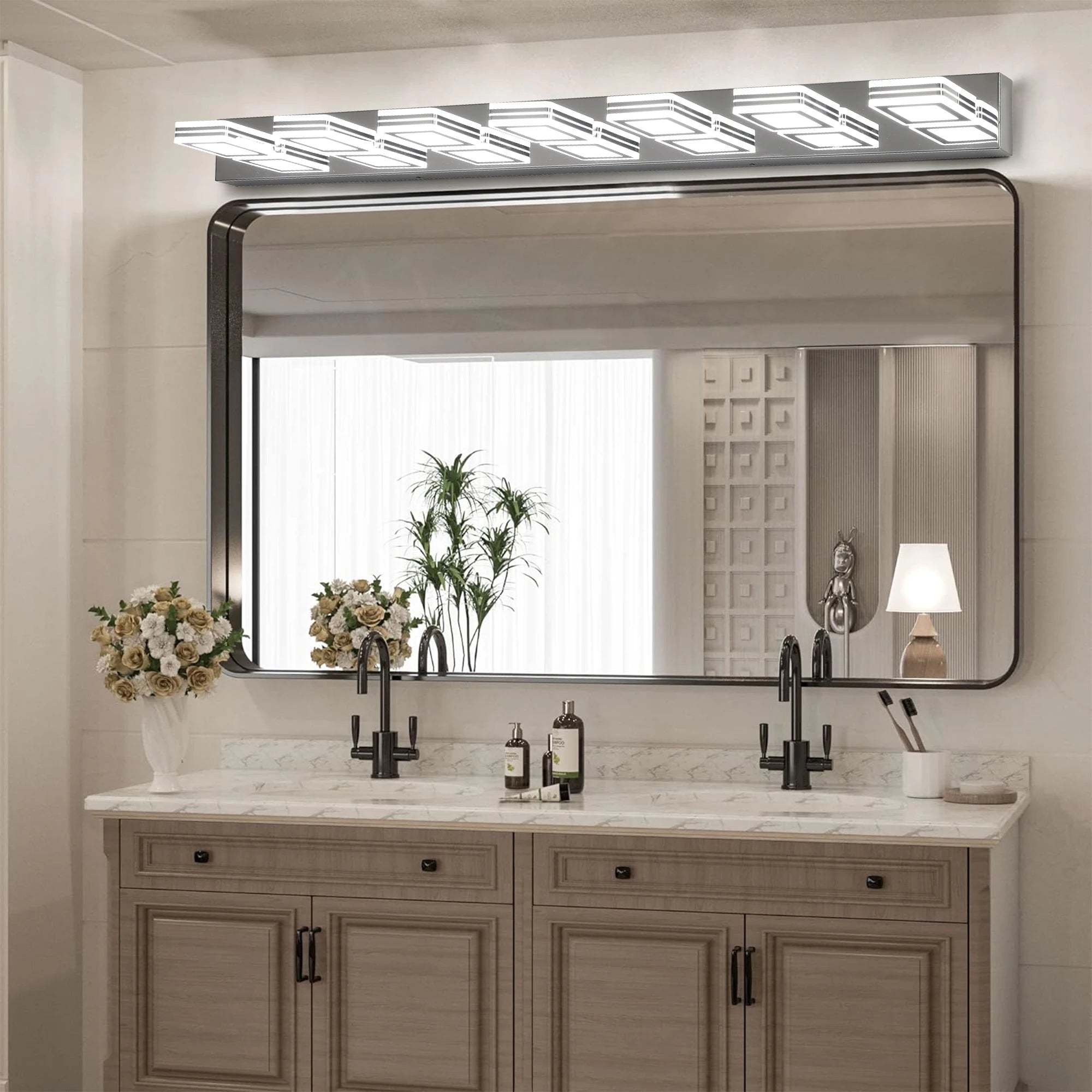 Ship in US,45" Modern Chrome 7-Light LED Vanity Light, Square Acrylic Lampshades Wall Mount Fixture for Bathroom,Mirror Lighting