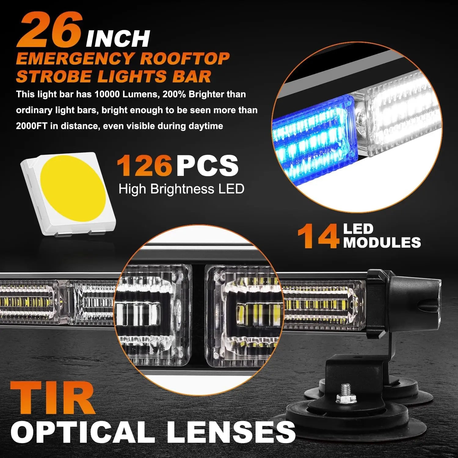 26inch 126 LED Emergency Rooftop Strobe Light Bar Controller Double-Side Warning Hazard OLIVER Fitment Traffic Light