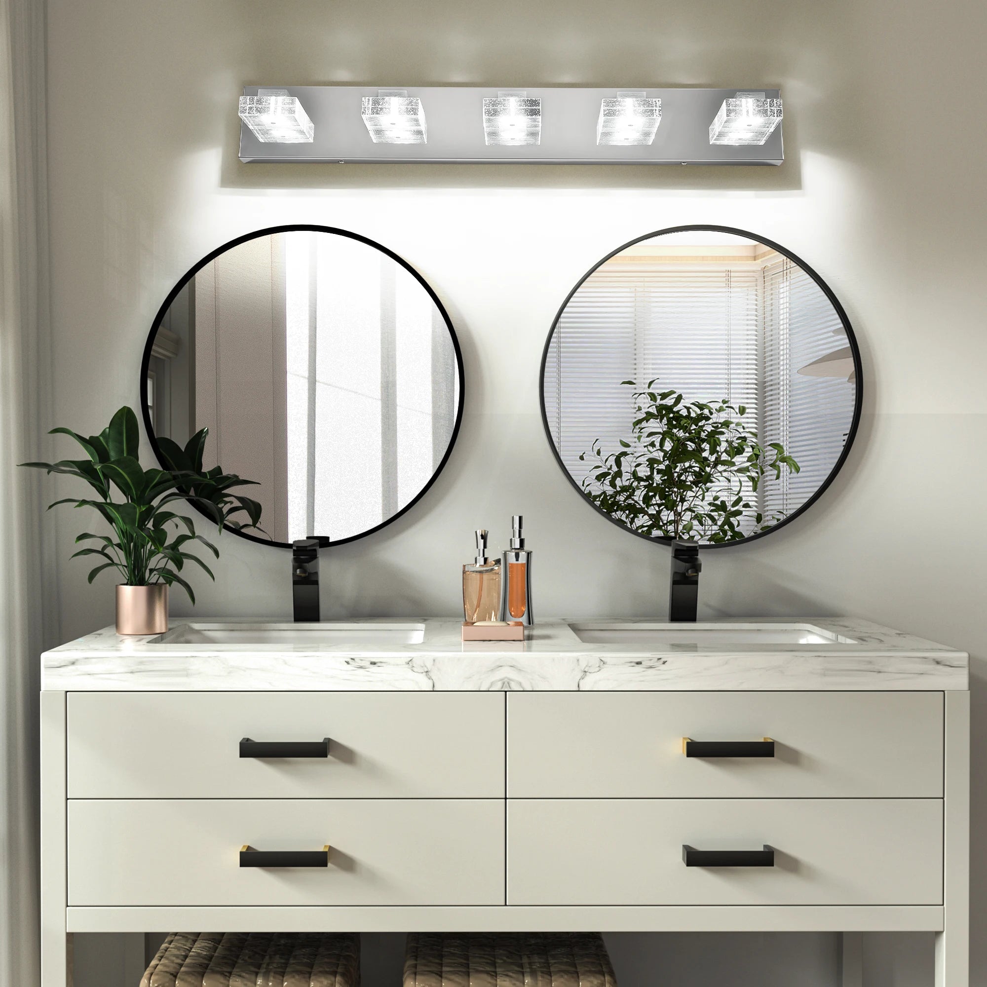 Ship in USA,31" Modern Chrome 5-Light LED Vanity Light,Square Acrylic Lampshades Wall Mount Fixture for Bathroom,Mirror Lighting