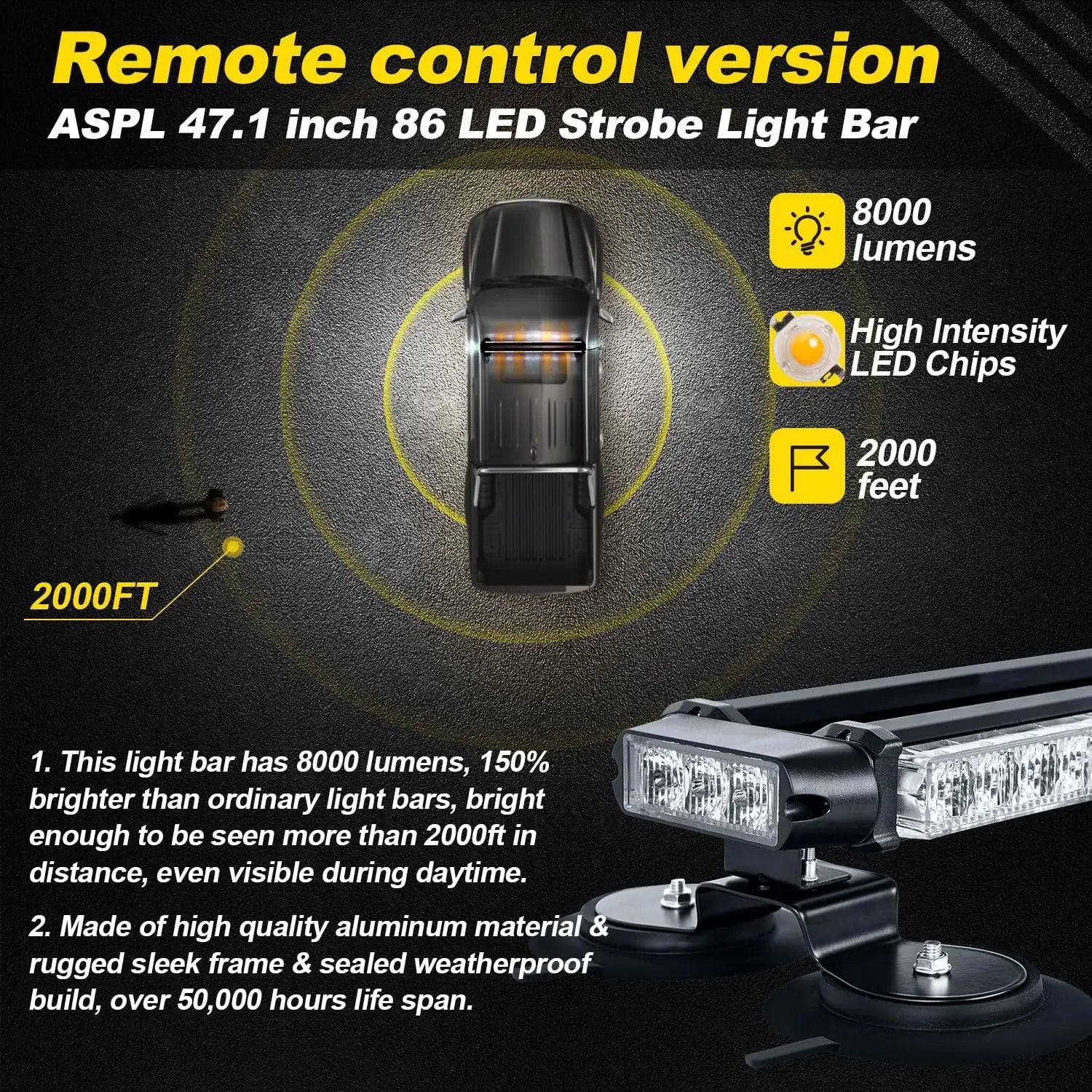 47.1" Emergency Strobe Lights Bar with Control Double Side 86 LED Warning Light with 28 Strong Magnets Traffic Advisor