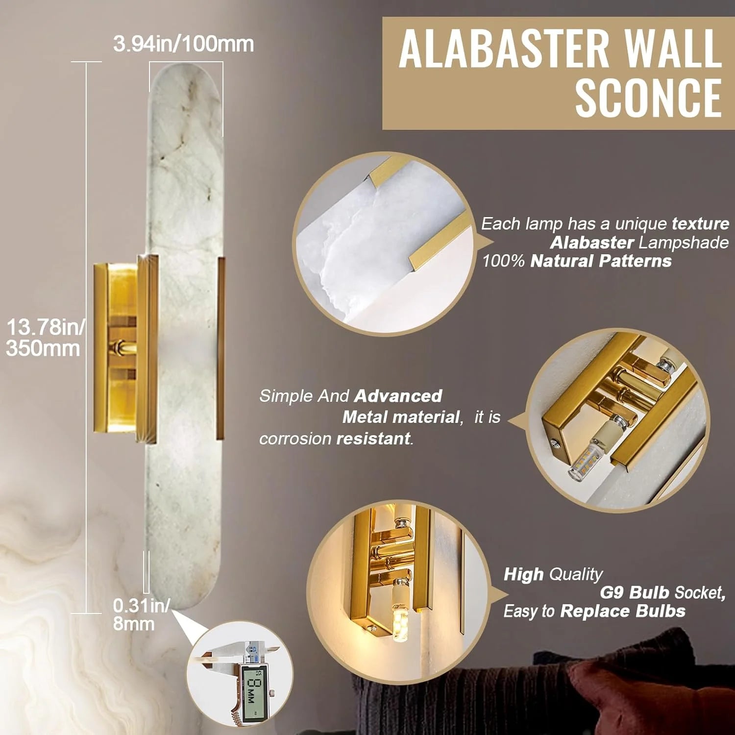 Alabaster Wall Sconce  Natural Marble Wall Light, Gold Modern Alabaster Sconces Wall Mount for Dining Room, Living Room