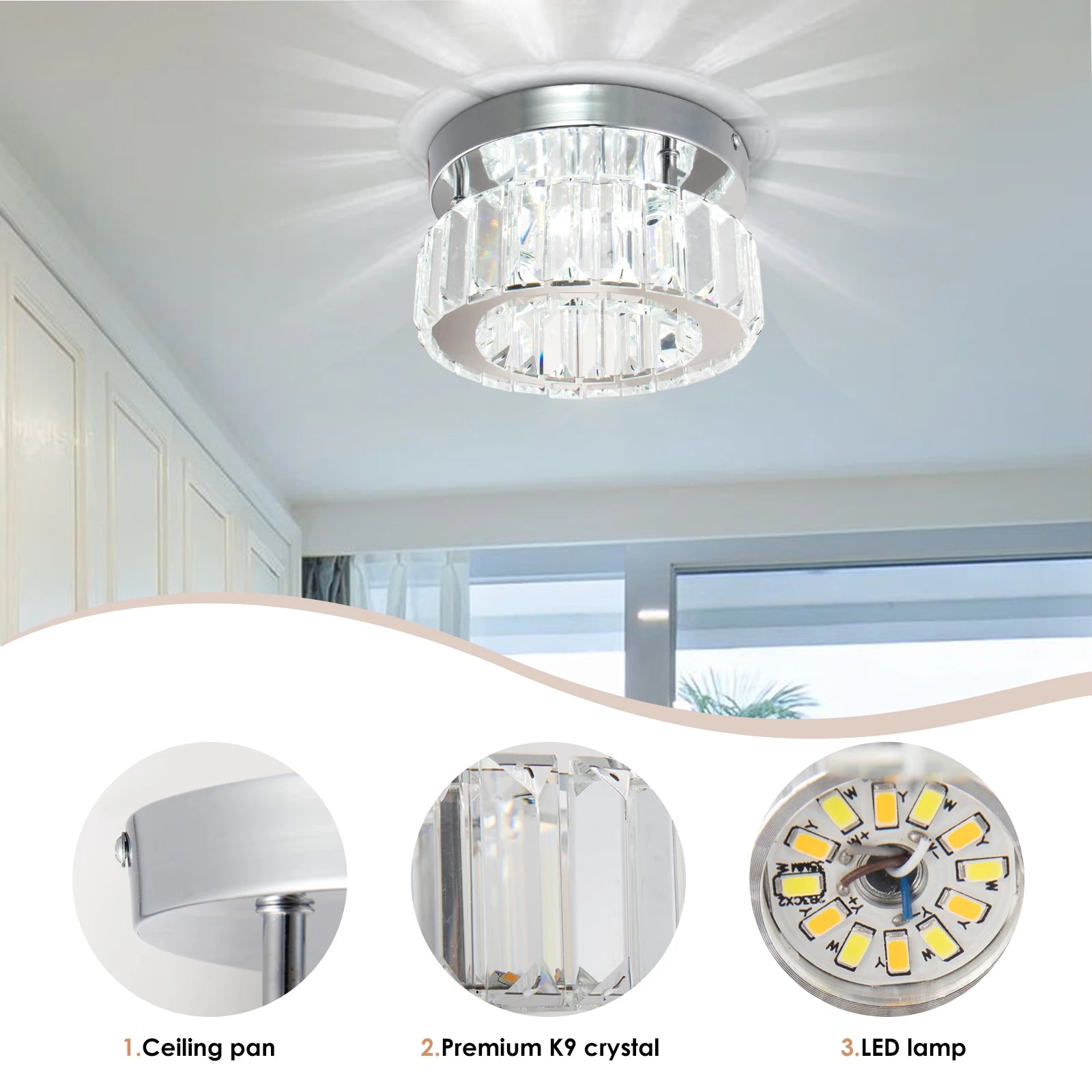 Small Modern Style Cool White Crystal Corridor Ceiling Light Cool White Chandelier Lighting for Home Office Indoor Living Room