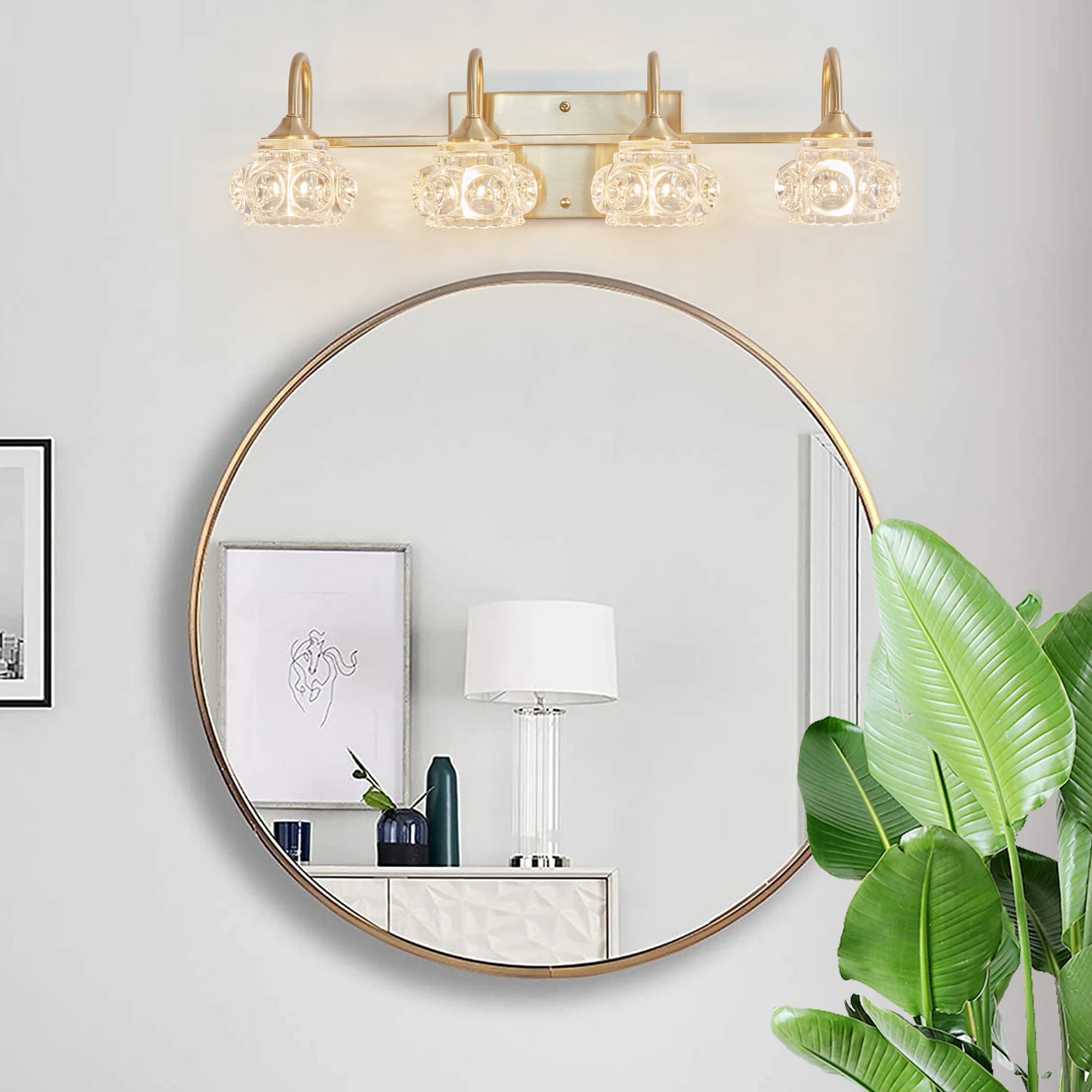 23" Modern Crystal Bathroom Vanity Light, 4-Light Golden Wall Sconce with Clear Glass Shade, Elegant Wall Mount Lighting