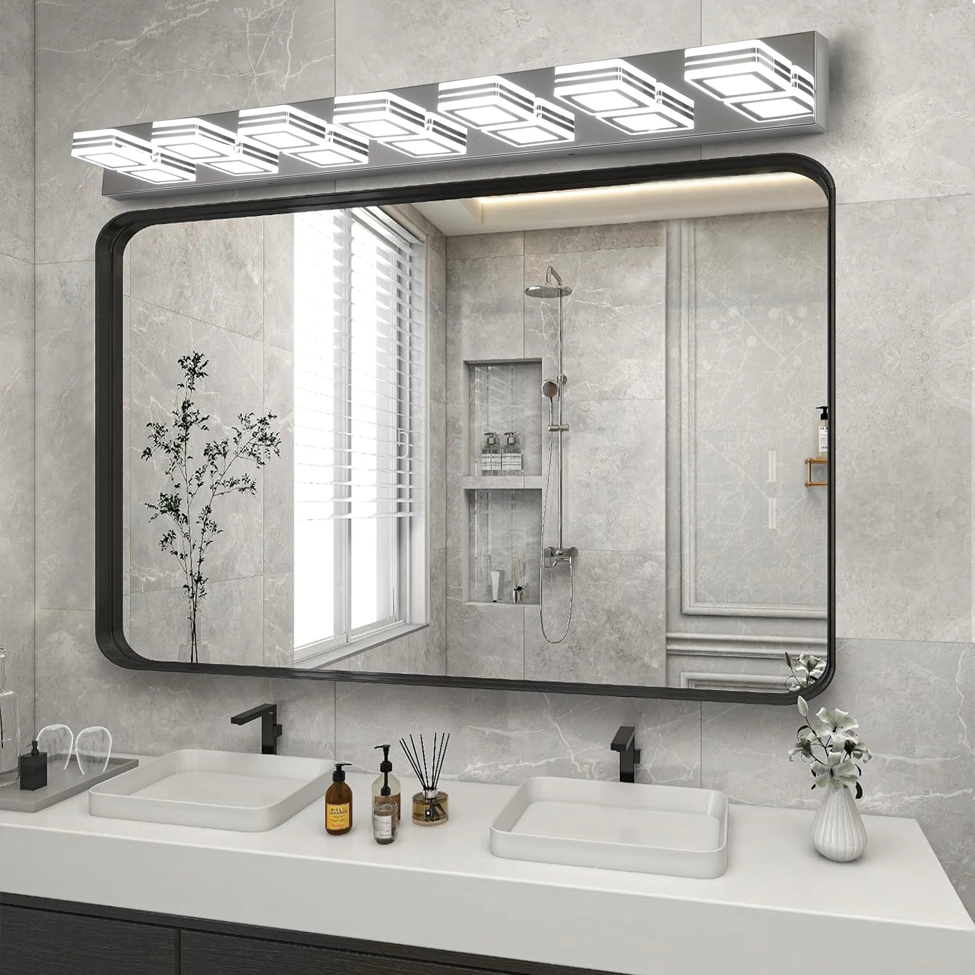 Ship in US,45" Modern Chrome 7-Light LED Vanity Light, Square Acrylic Lampshades Wall Mount Fixture for Bathroom,Mirror Lighting