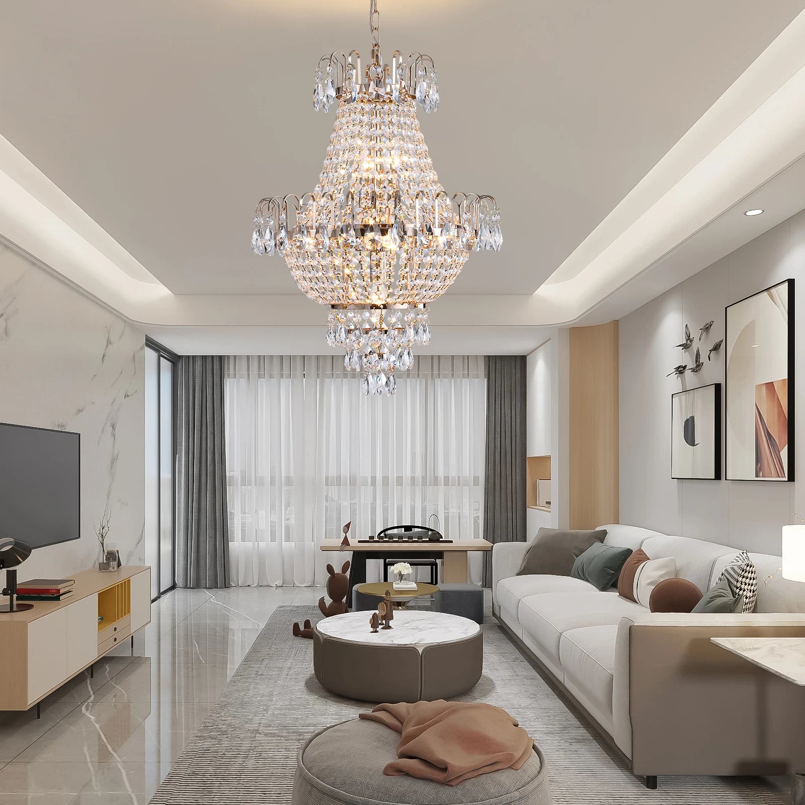Ship From USA,Gold Crystal Chandeliers,Large Contemporary Luxury Ceiling Lighting for Living Room Dining Room Bedroom Hallway
