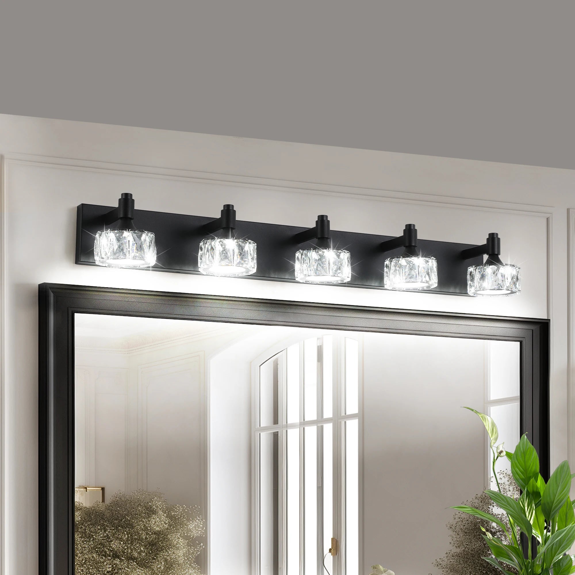 Modern 5-Light Matte Black LED Vanity Light Fixture with Crystal Glass Shades, Bathroom Wall Sconce for Contemporary Home Decor
