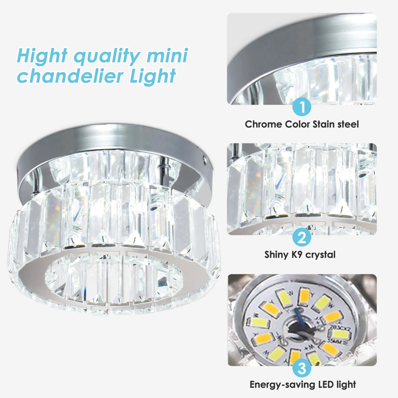 Small Modern Style Cool White Crystal Corridor Ceiling Light Cool White Chandelier Lighting for Home Office Indoor Living Room