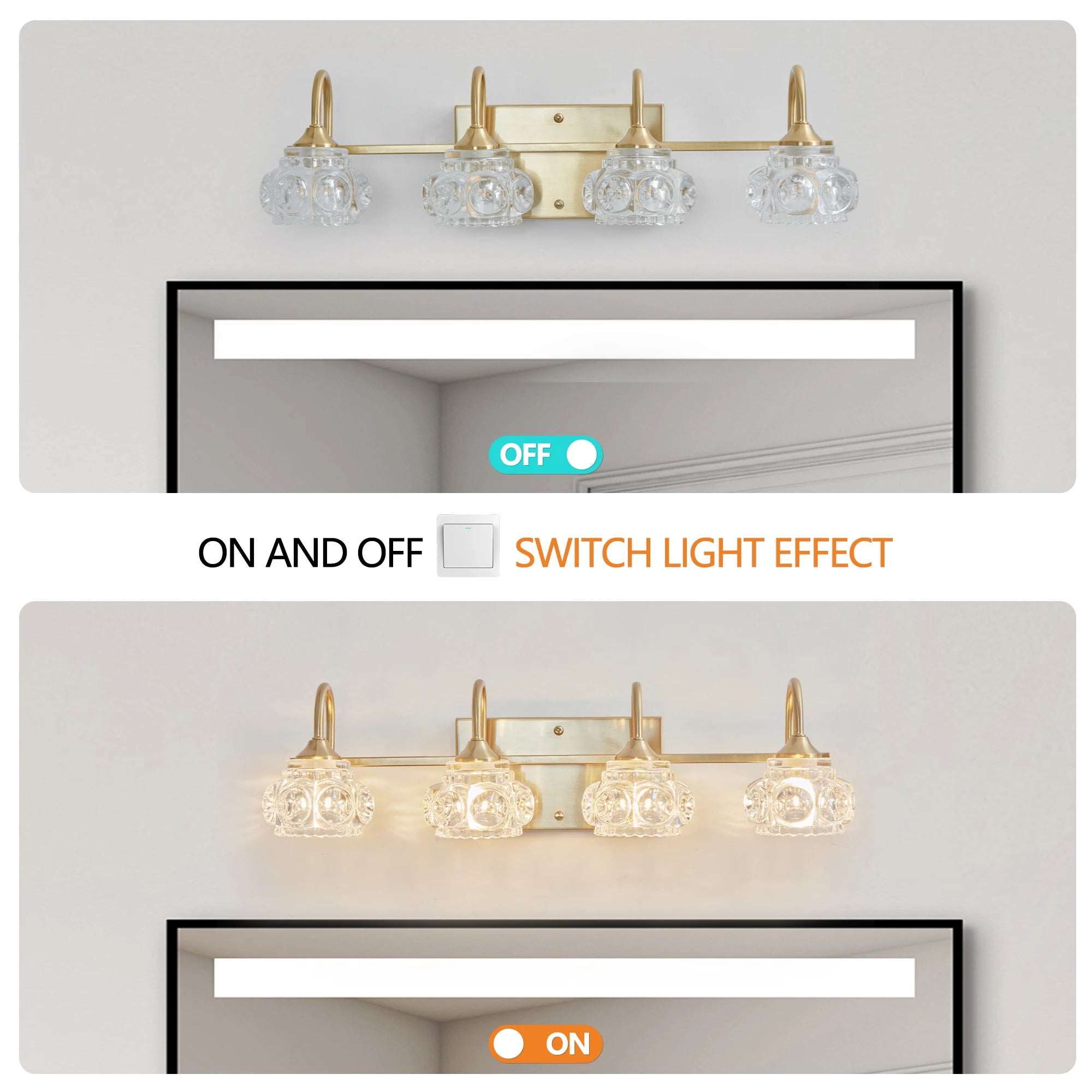 23" Modern Crystal Bathroom Vanity Light, 4-Light Golden Wall Sconce with Clear Glass Shade, Elegant Wall Mount Lighting