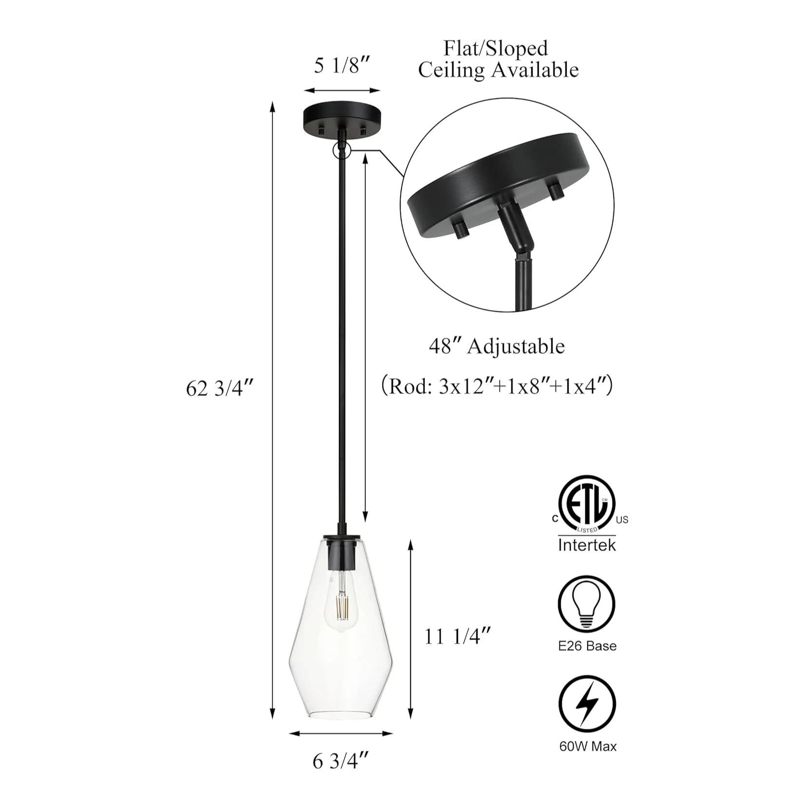 Glass Pendant Lighting Modern 1 Light Kitchen Pendant Light Fixture Black Adjustable Pendant Lamp for Kitchen Island Dining