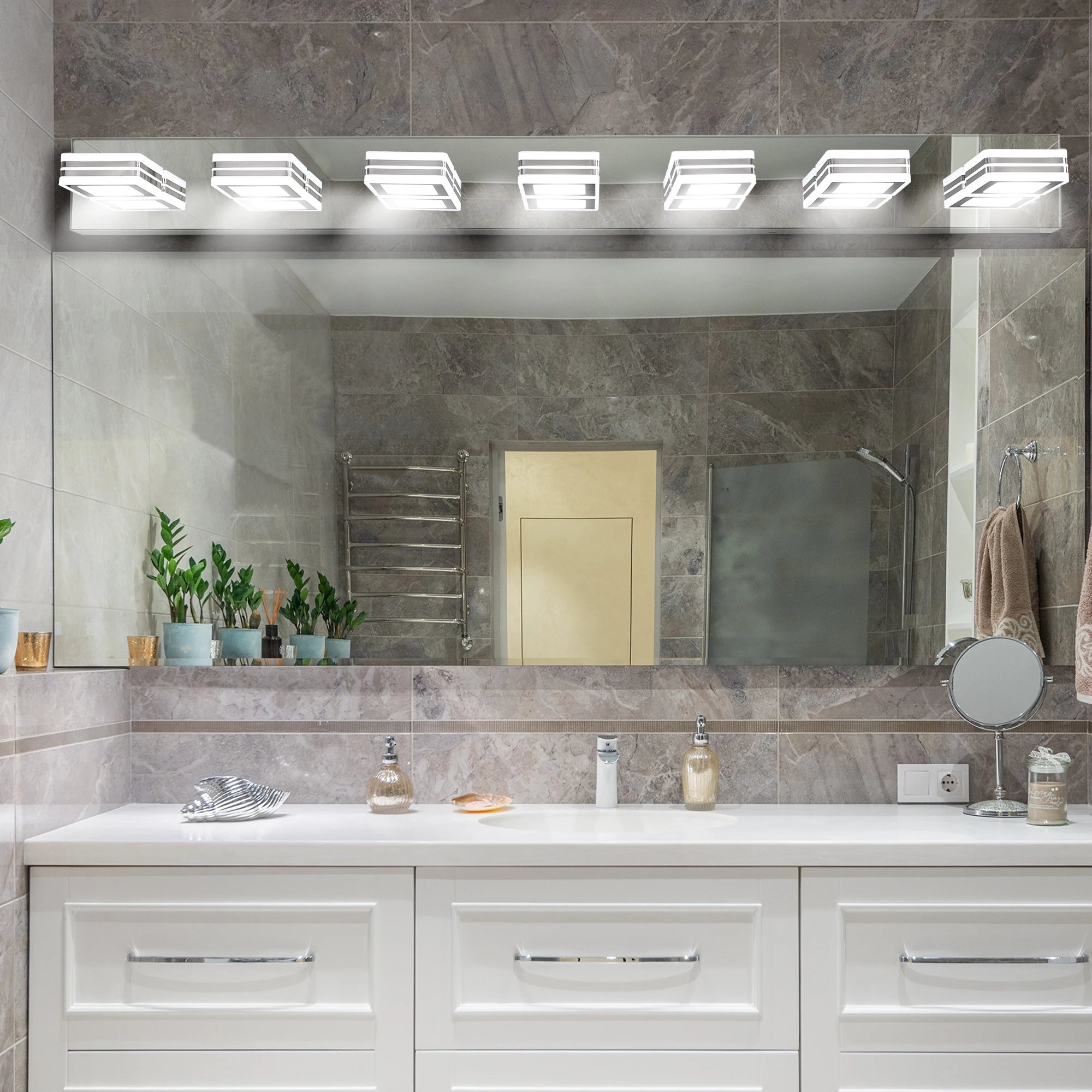 Ship in US,45" Modern Chrome 7-Light LED Vanity Light, Square Acrylic Lampshades Wall Mount Fixture for Bathroom,Mirror Lighting