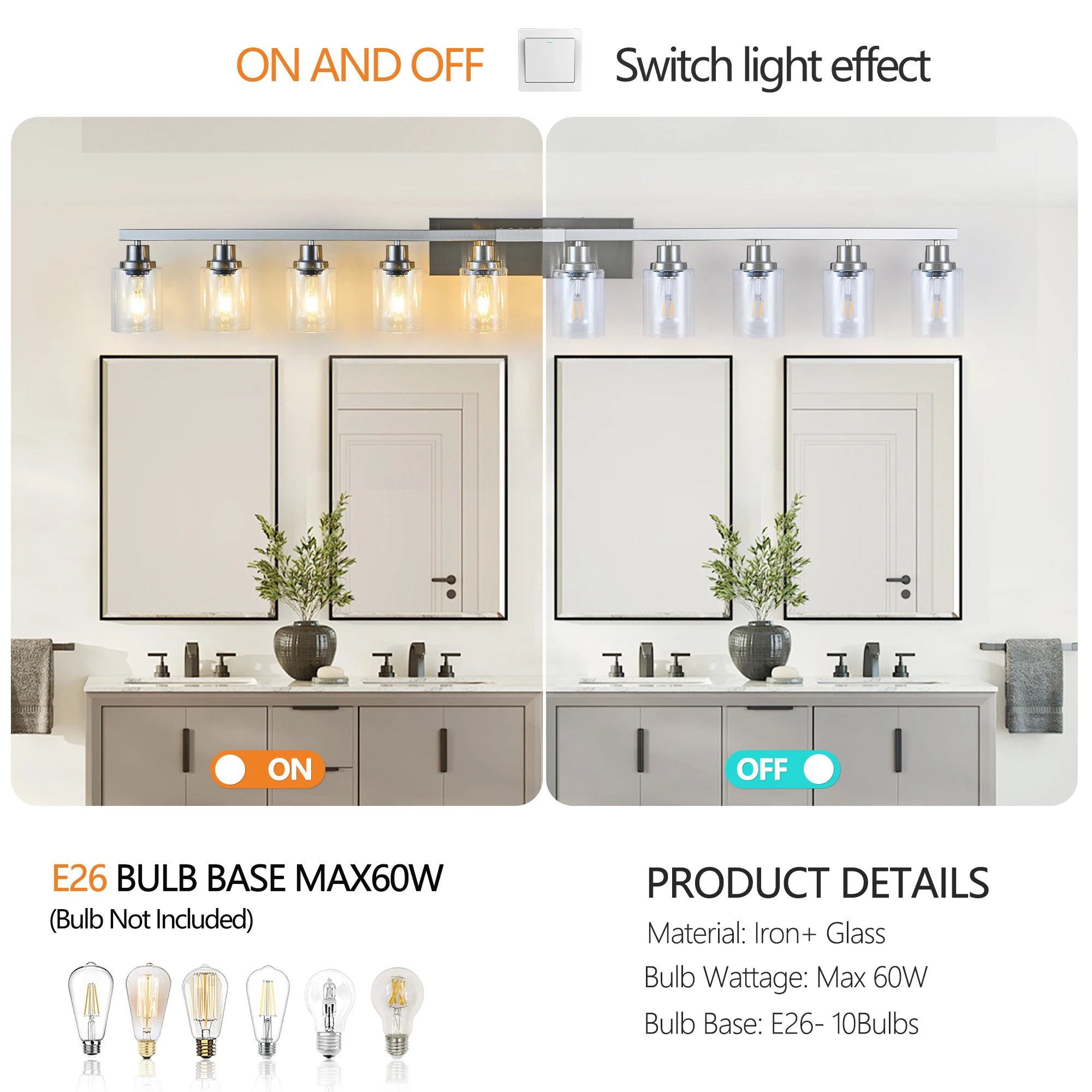 10 Light Bathroom Light Fixtures, Bathroom Vanity Light with Clear Glass, Brushed Nickel Bathroom Lighting Fixtures Over Mirror