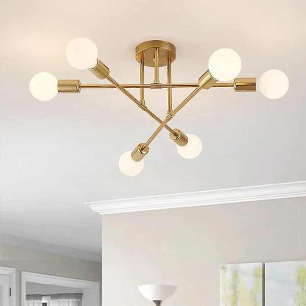 Minimalist LED Ceiling Light 6-heads Chandelier Gold Finish Shadeless E26 Base Indoor Decor Lighting for Living Room Hallway