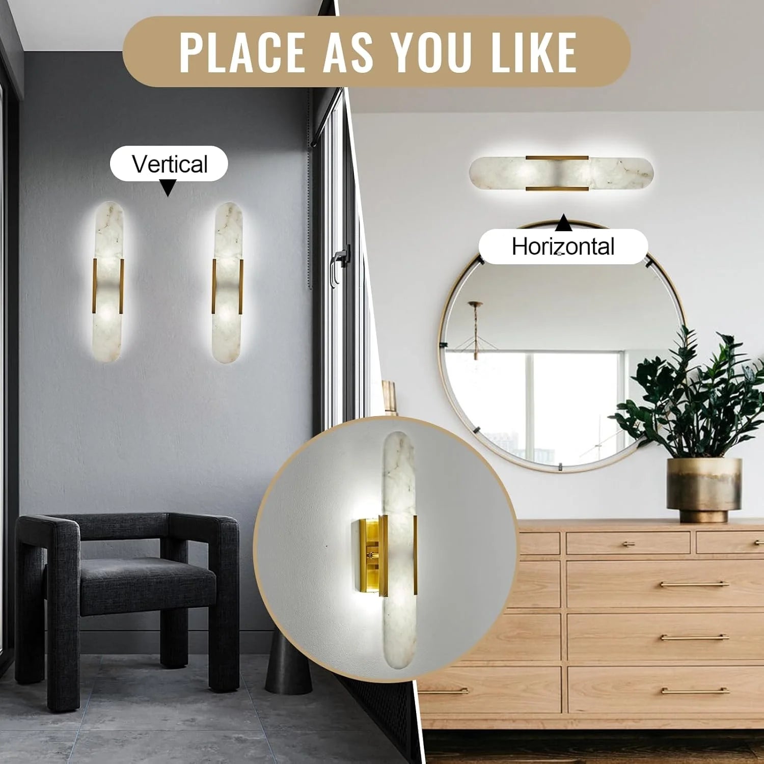 Alabaster Wall Sconce  Natural Marble Wall Light, Gold Modern Alabaster Sconces Wall Mount for Dining Room, Living Room