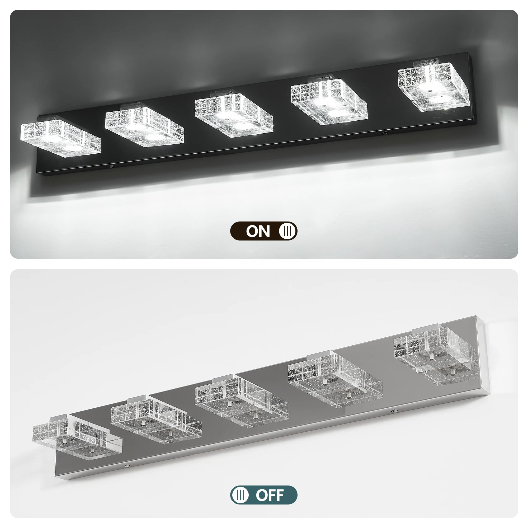 Ship in USA,31" Modern Chrome 5-Light LED Vanity Light,Square Acrylic Lampshades Wall Mount Fixture for Bathroom,Mirror Lighting