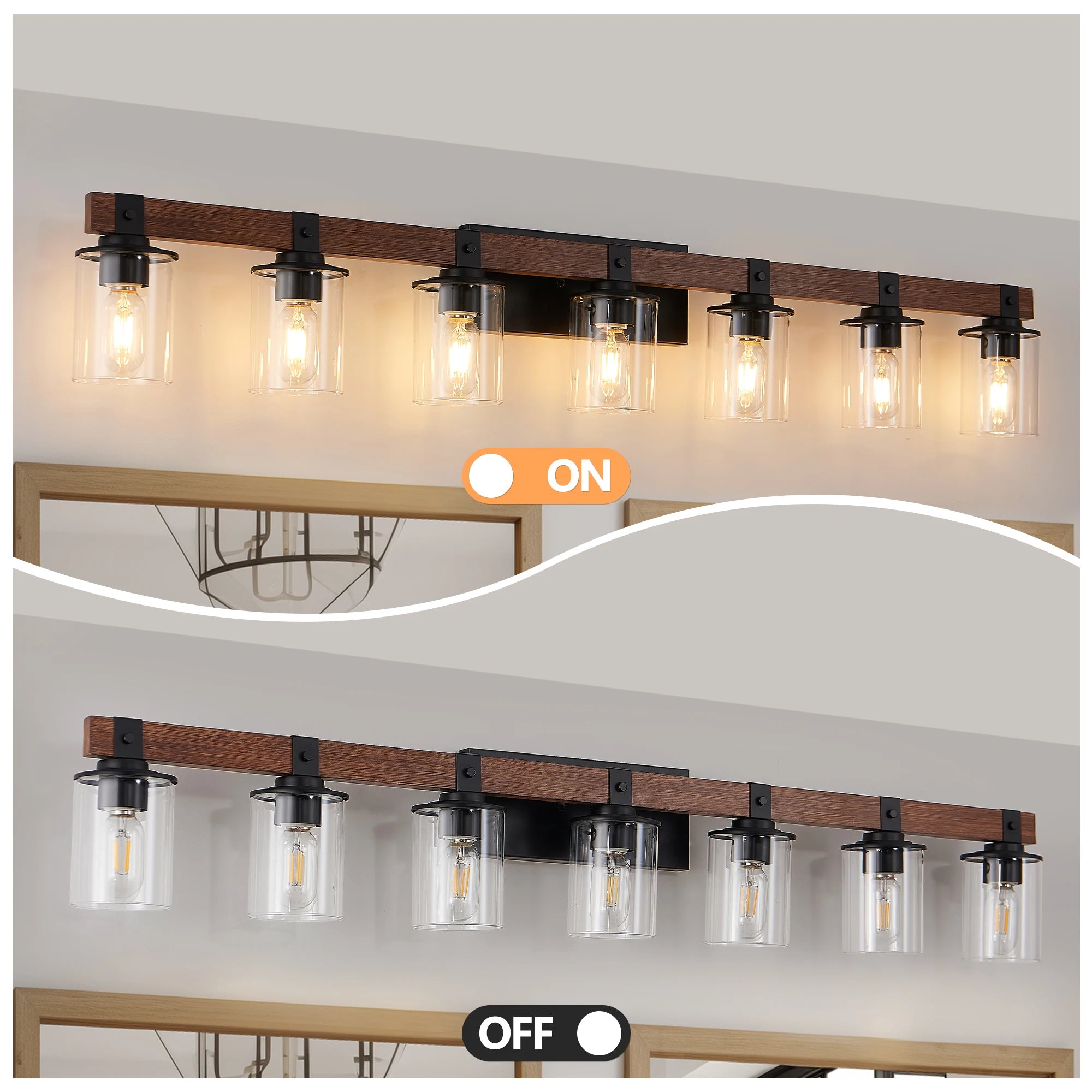 50" Rustic 7-Light Vanity Light, Wall Sconce with Glass Shades and Wood Accent, Modern Farmhouse Lighting Fixture (No Bulbs)