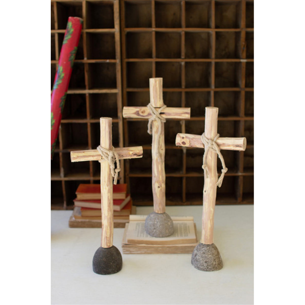 SET OF THREE RECYCLED WOOD CROSSES ON ROCK BASE