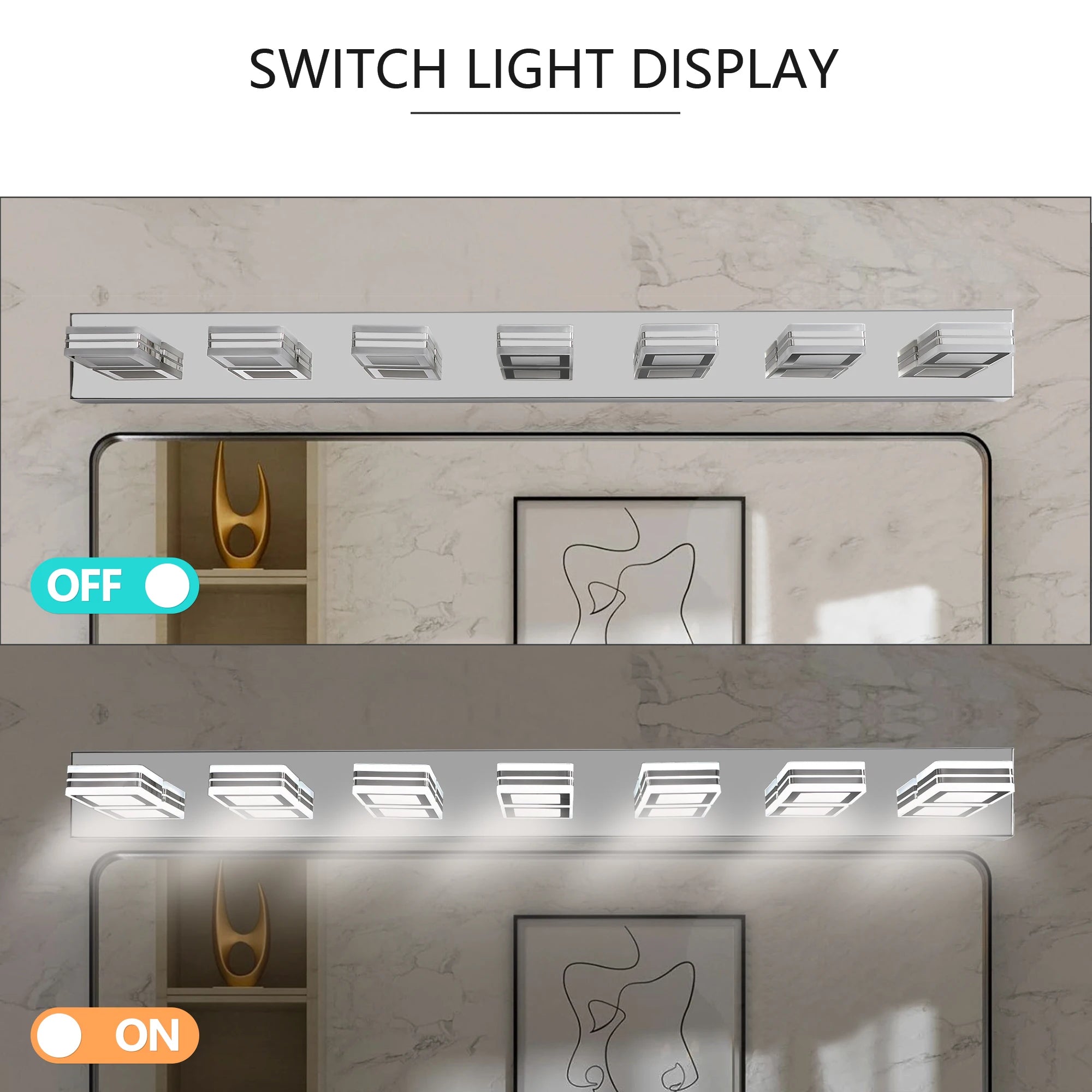 Ship in US,45" Modern Chrome 7-Light LED Vanity Light, Square Acrylic Lampshades Wall Mount Fixture for Bathroom,Mirror Lighting