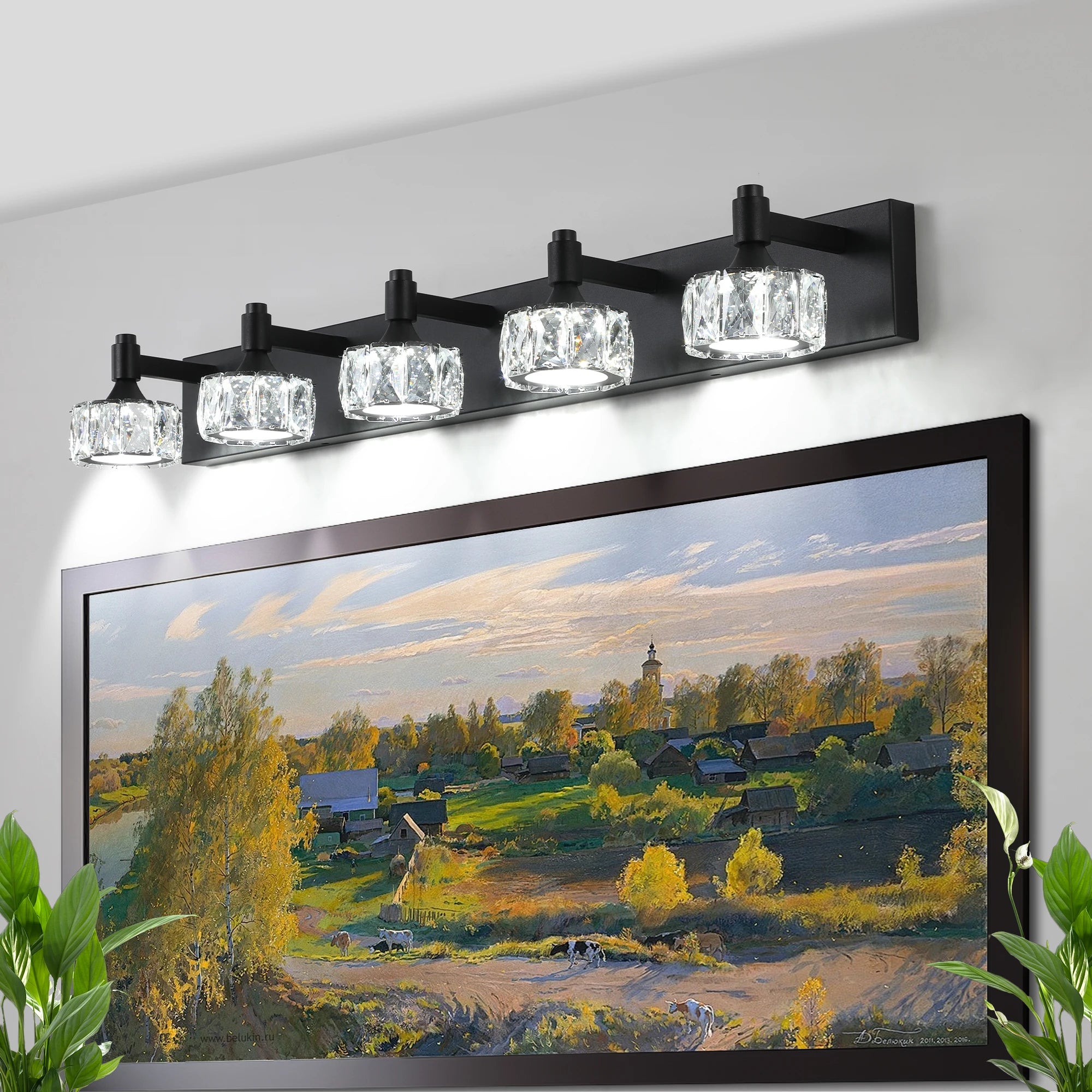Modern 5-Light Matte Black LED Vanity Light Fixture with Crystal Glass Shades, Bathroom Wall Sconce for Contemporary Home Decor