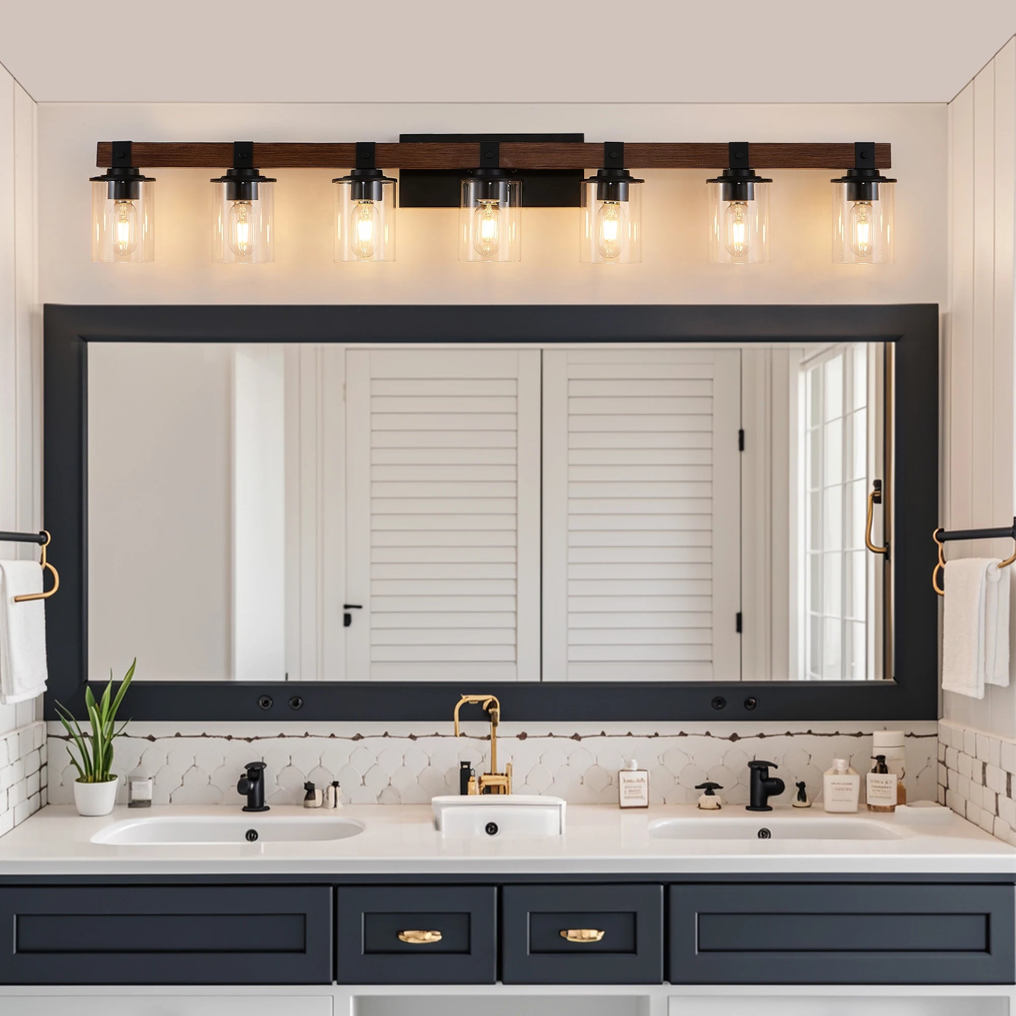 50" Rustic 7-Light Vanity Light, Wall Sconce with Glass Shades and Wood Accent, Modern Farmhouse Lighting Fixture (No Bulbs)
