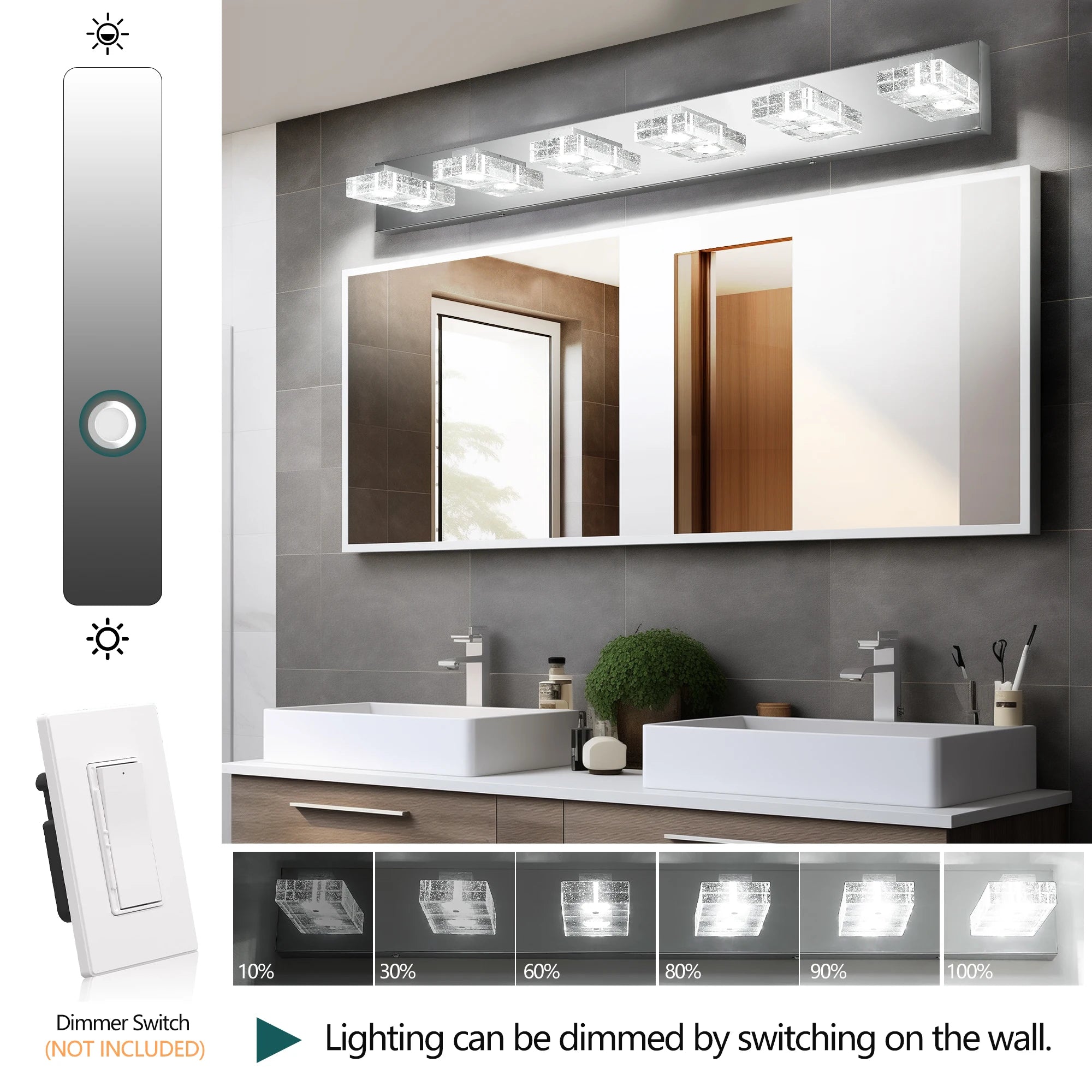 Ship in USA,38" Modern Chrome 6-Light LED Vanity Light,Square Acrylic Lampshades Wall Mount Fixture for Bathroom,Mirror Lighting