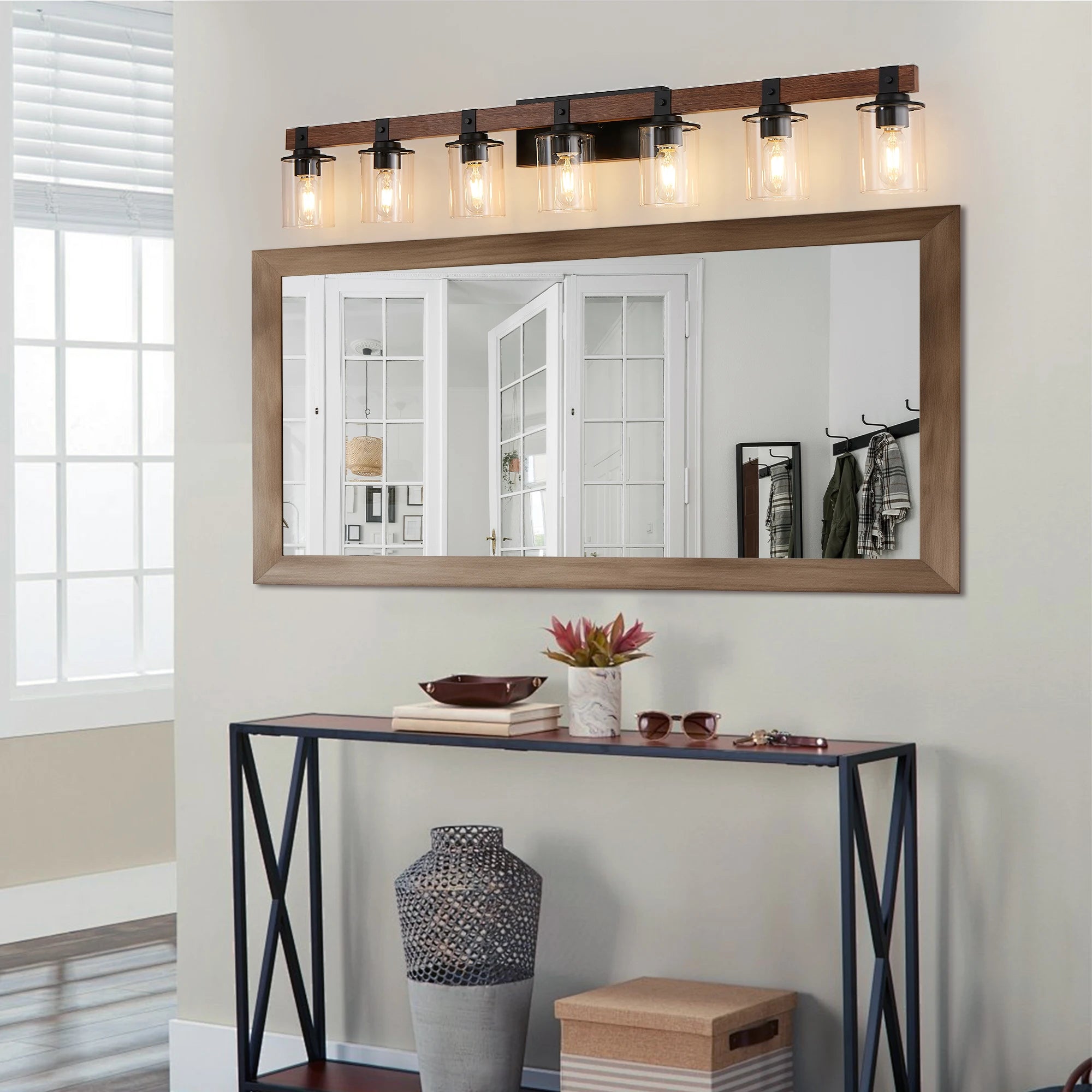50" Rustic 7-Light Vanity Light, Wall Sconce with Glass Shades and Wood Accent, Modern Farmhouse Lighting Fixture (No Bulbs)