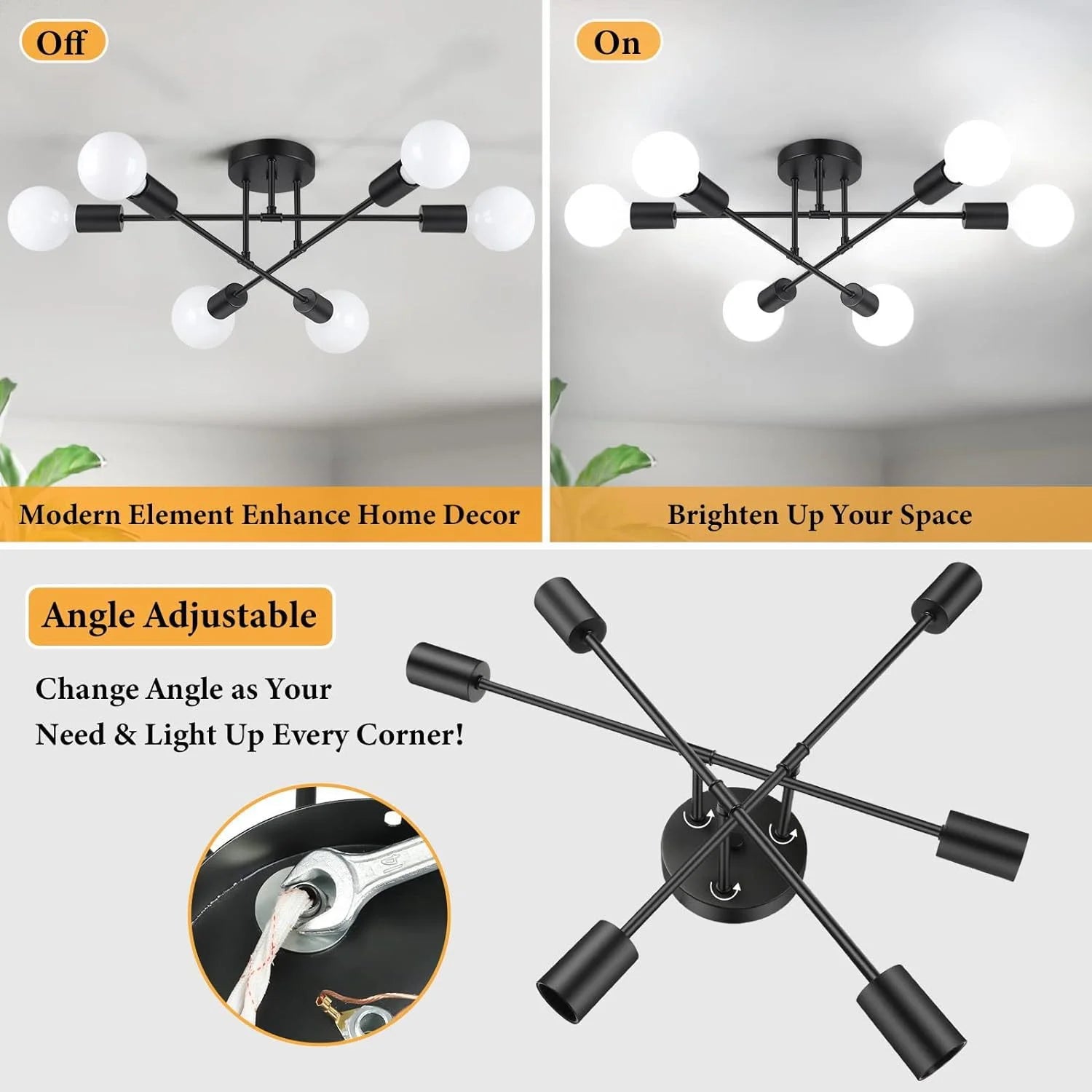 Minimalist LED Ceiling Light 6-heads Chandelier Gold Finish Shadeless E26 Base Indoor Decor Lighting for Living Room Hallway